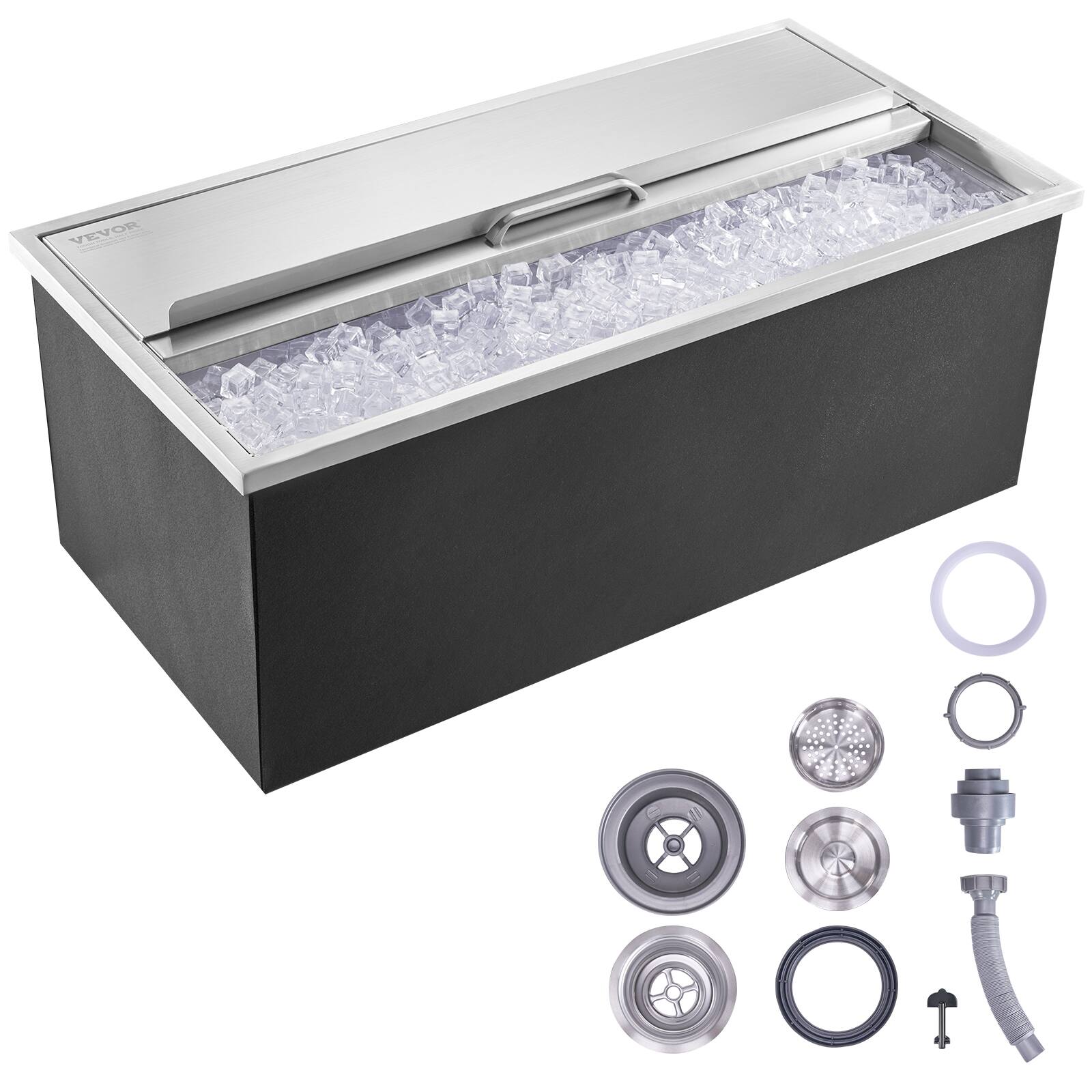 Front. VEVOR - Drop in Ice Chest, 36"L x 18"W x 14"H Stainless Steel Ice Cooler, Commercial Ice Bin with Sliding Cover, 40.9 qt Outdoor - Silver.