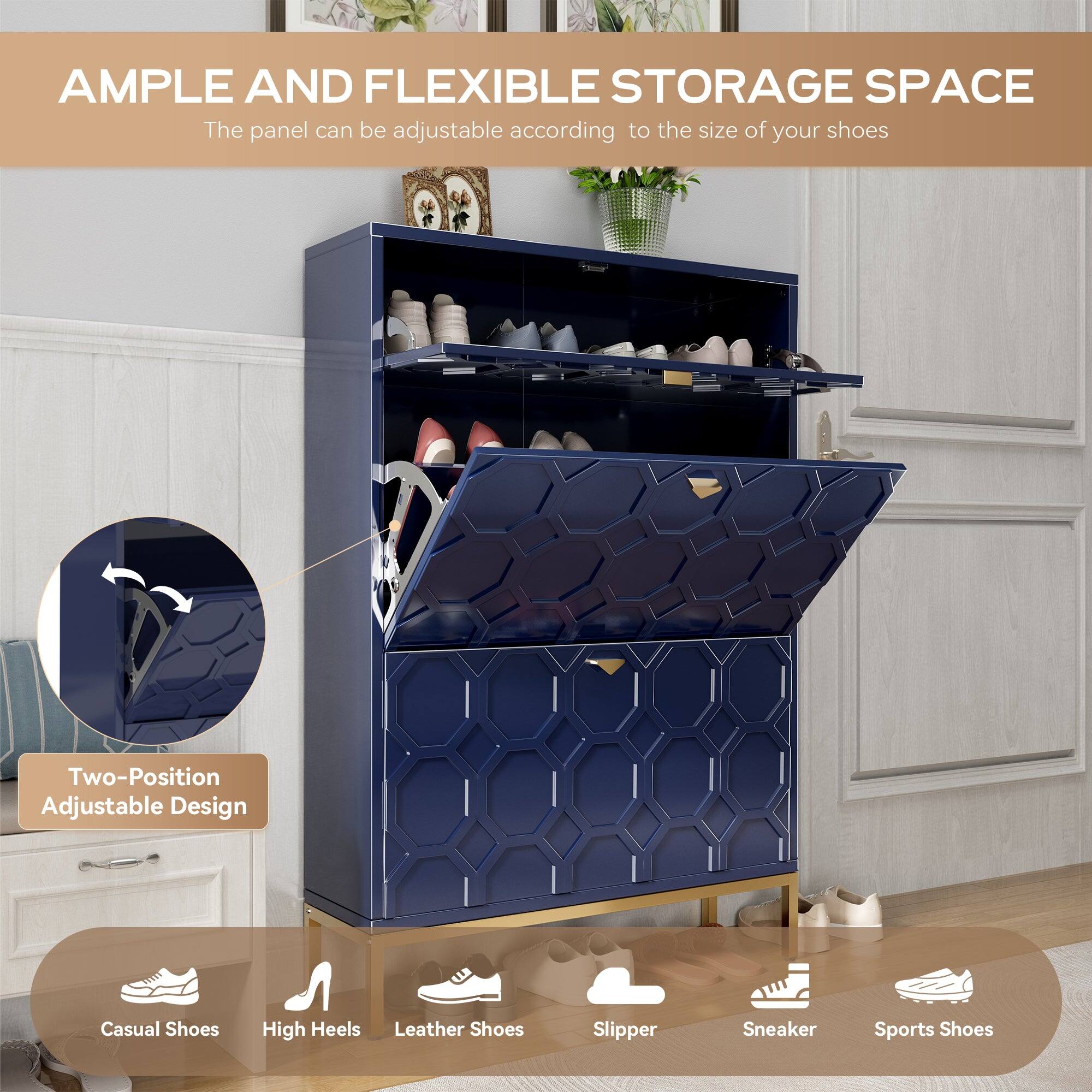 AMPLE AND FLEXIBLE STORAGE SPACE  
The panel can be adjustable according to the size of your shoes  

Two-Position Adjustable Design  

Casual Shoes  
High Heels  
Leather Shoes  
Slipper  
Sneaker  
Sports Shoes