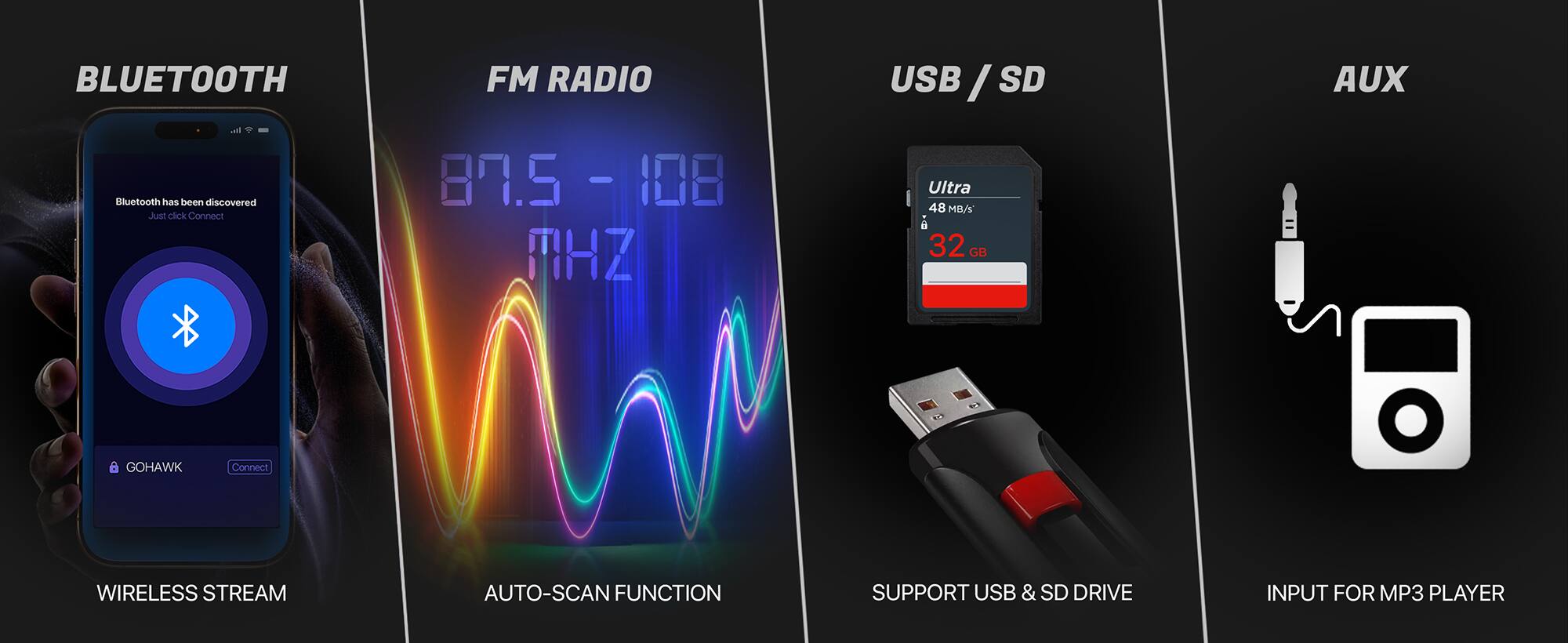 BLUETOOTH FM RADIO USB/SD AUX

Bluetooth has been discovered. Just click Connect.

87.5 - 108 MHz

Ultra 48 MB/s 32GB

GOHAWK

Connect WIRELESS STREAM AUTO-SCAN FUNCTION SUPPORT USB & SD DRIVE INPUT FOR MP3 PLAYER