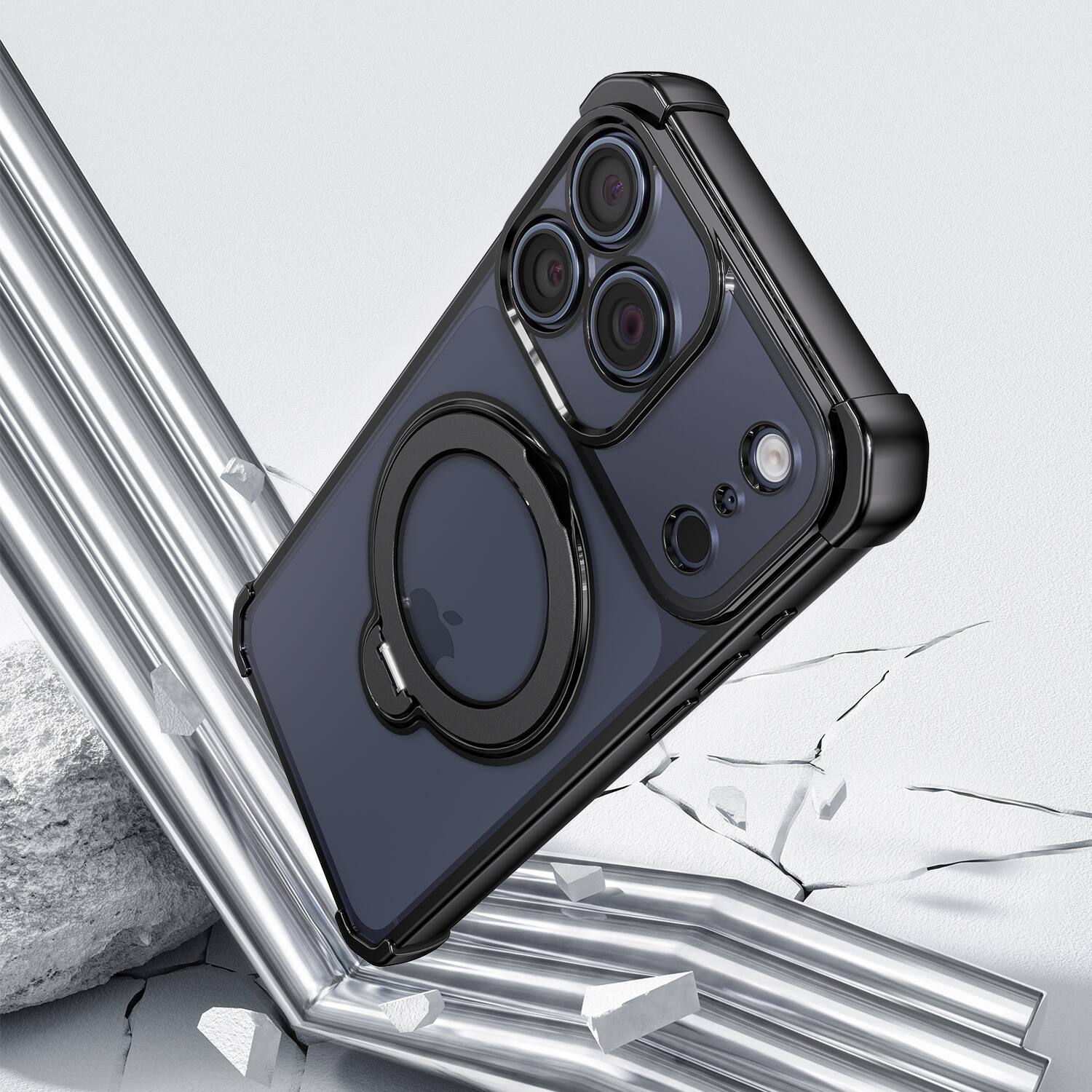 Alt View 3. Dteck - Shockproof Clear Phone Case for Apple iPhone 18 Pro, Rugged Magnetic Protective Cover with 360 Rotating Ring Stand - Black.
