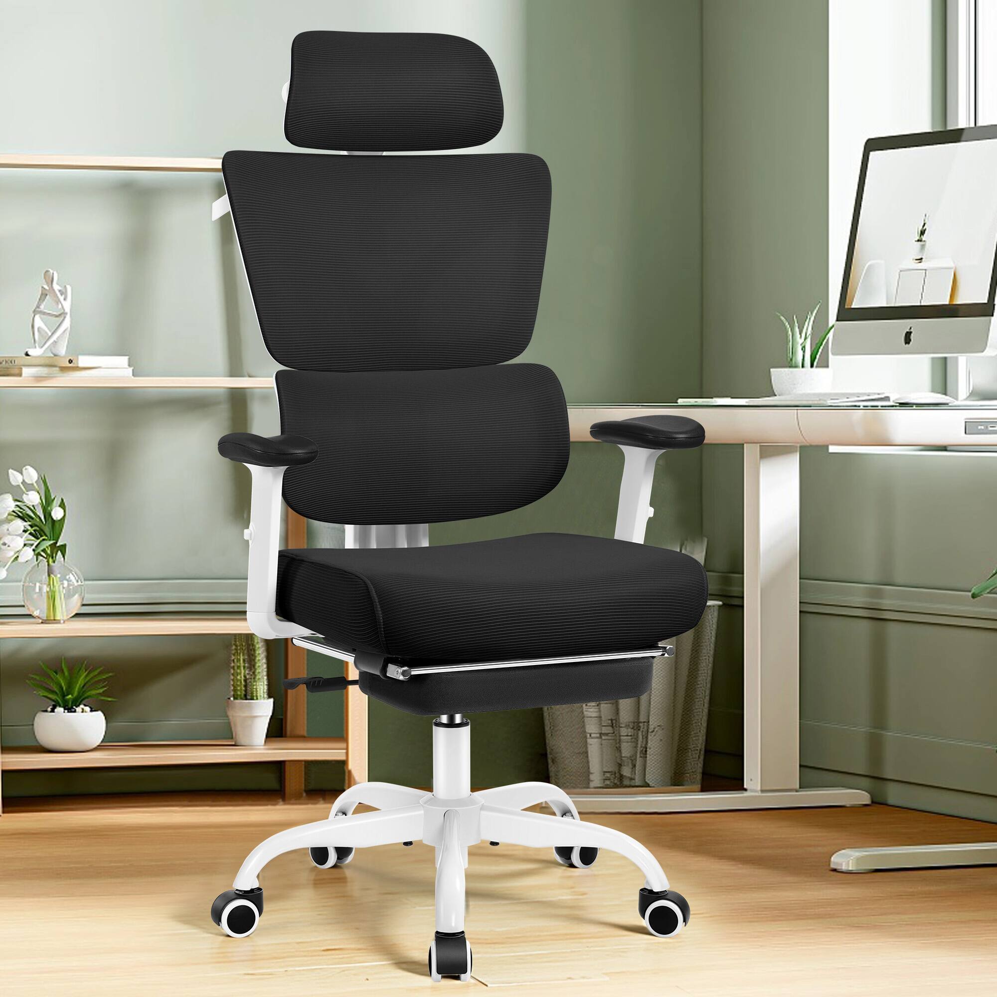 Alt View 3. KERDOM - Home Office Ergonomic Mesh Task Chair with Headrest and Footrest, Adjustable Lumbar Support & Lifting Armrests, Tilt - White.