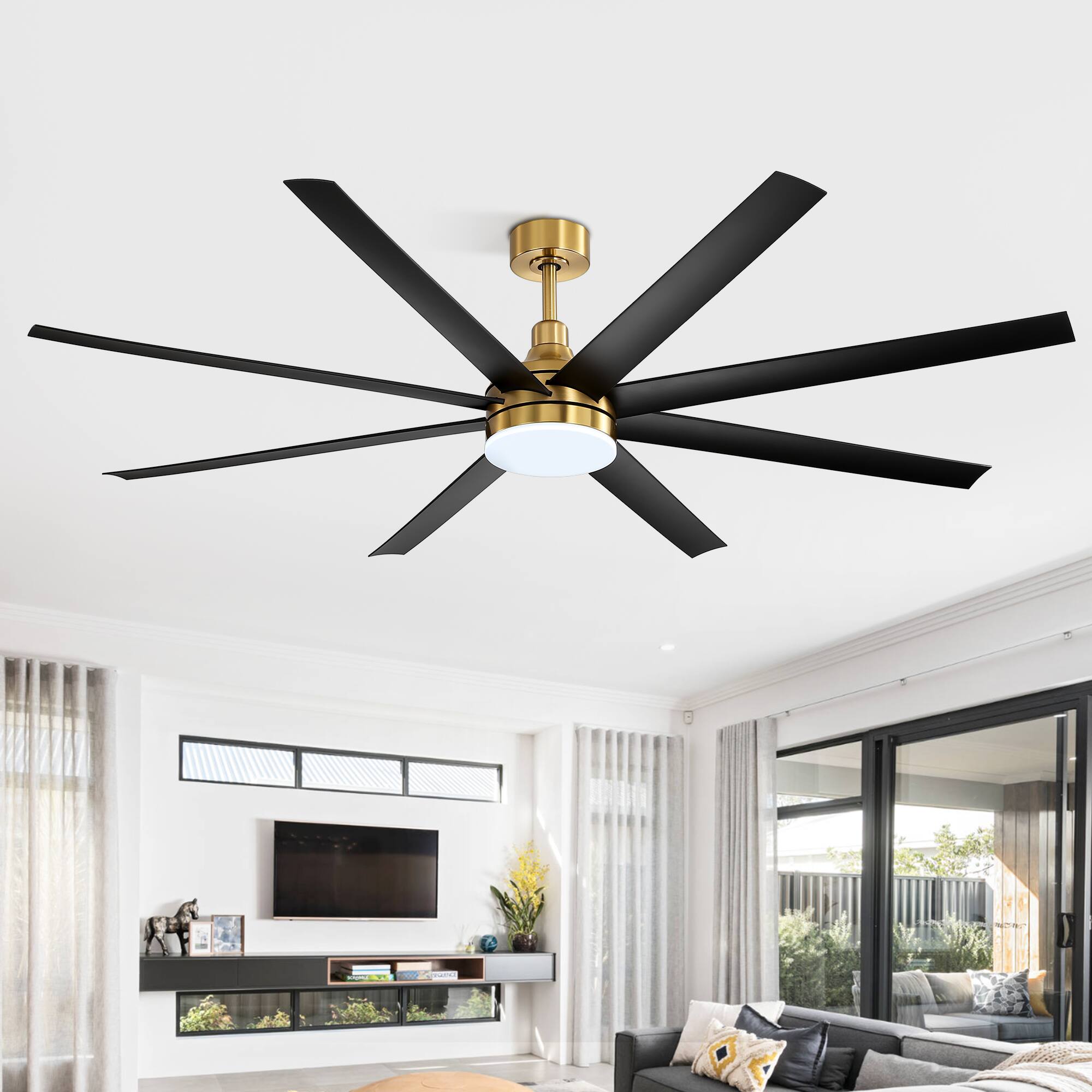 Back. Breezary - 72" Large Indoor Ceiling Fan with Remote, 8 ABS Blades, 6-Speed DC Motor, Timer, 7''/12''Downrods, Light/No Light Option - Gold and Black (With Light).