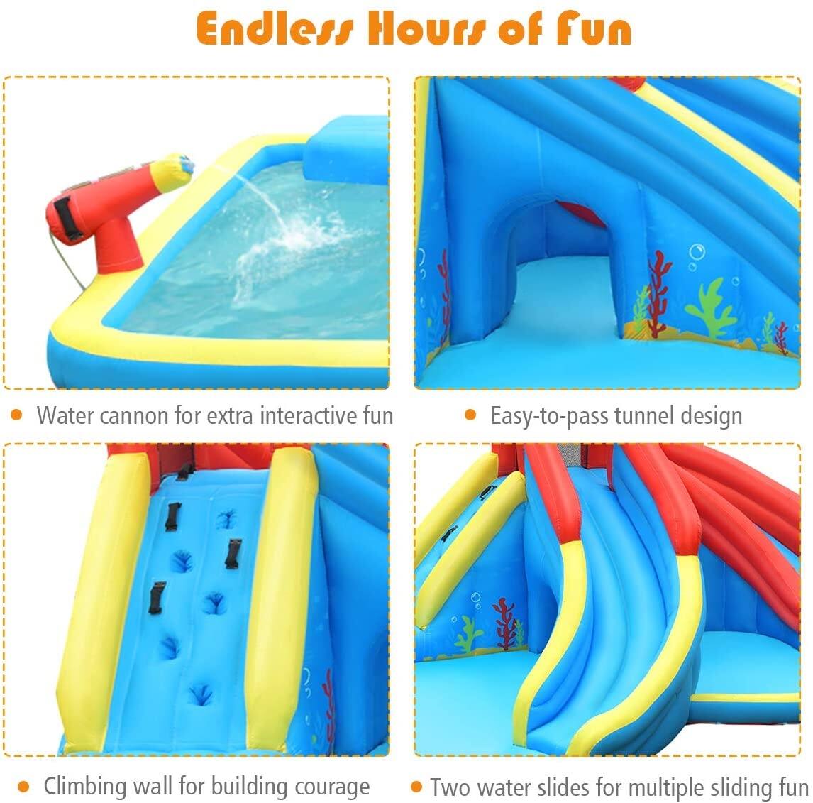 Endless Hours of Fun

- Water cannon for extra interactive fun
- Easy-to-pass tunnel design
- Climbing wall for building courage
- Two water slides for multiple sliding fun
