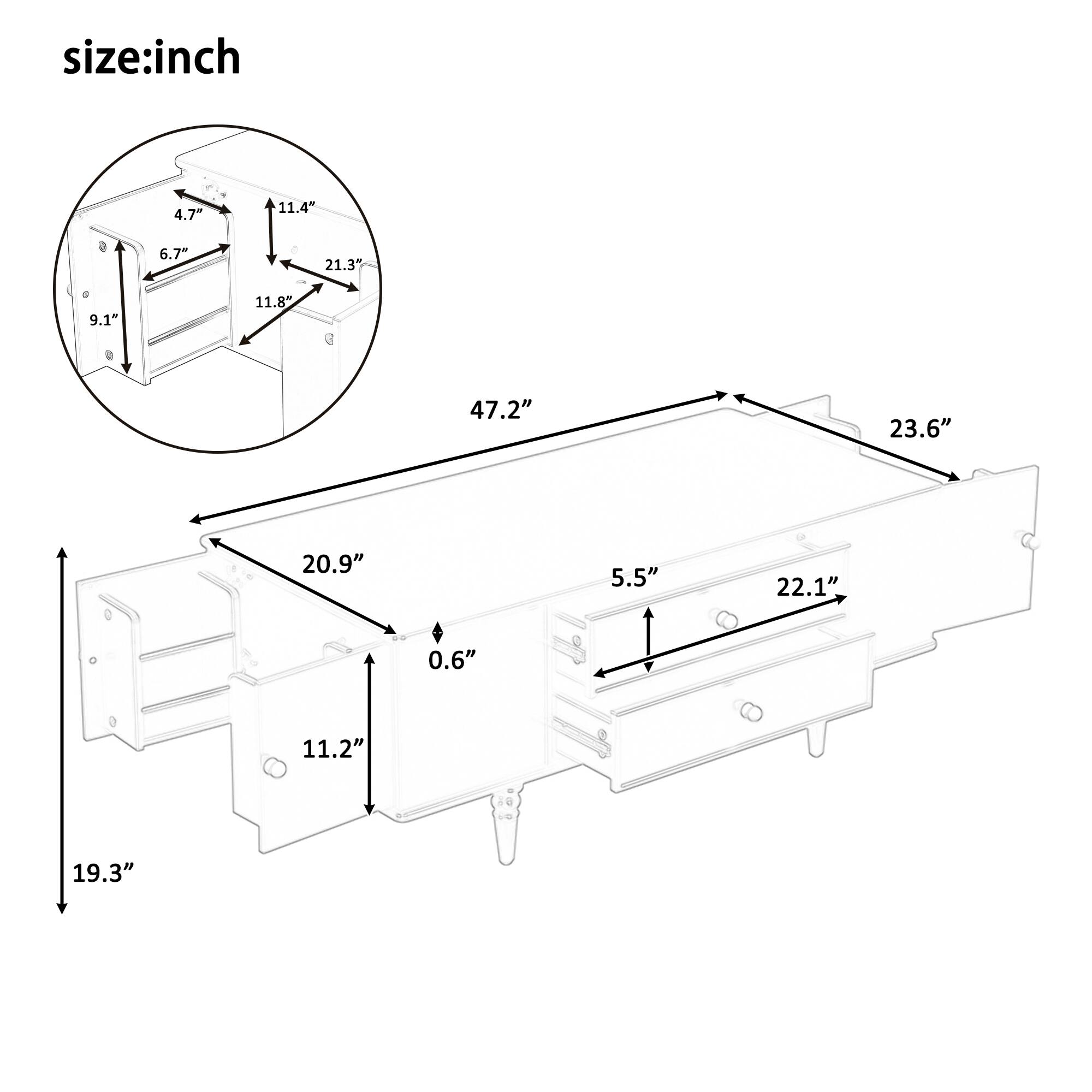 size: inch  
4.7" 11.4" 6.7" 21.3" 9.1" 11.8" 47.2" 23.6" 20.9" 5.5" 22.1" 0.6" 11.2" 19.3"