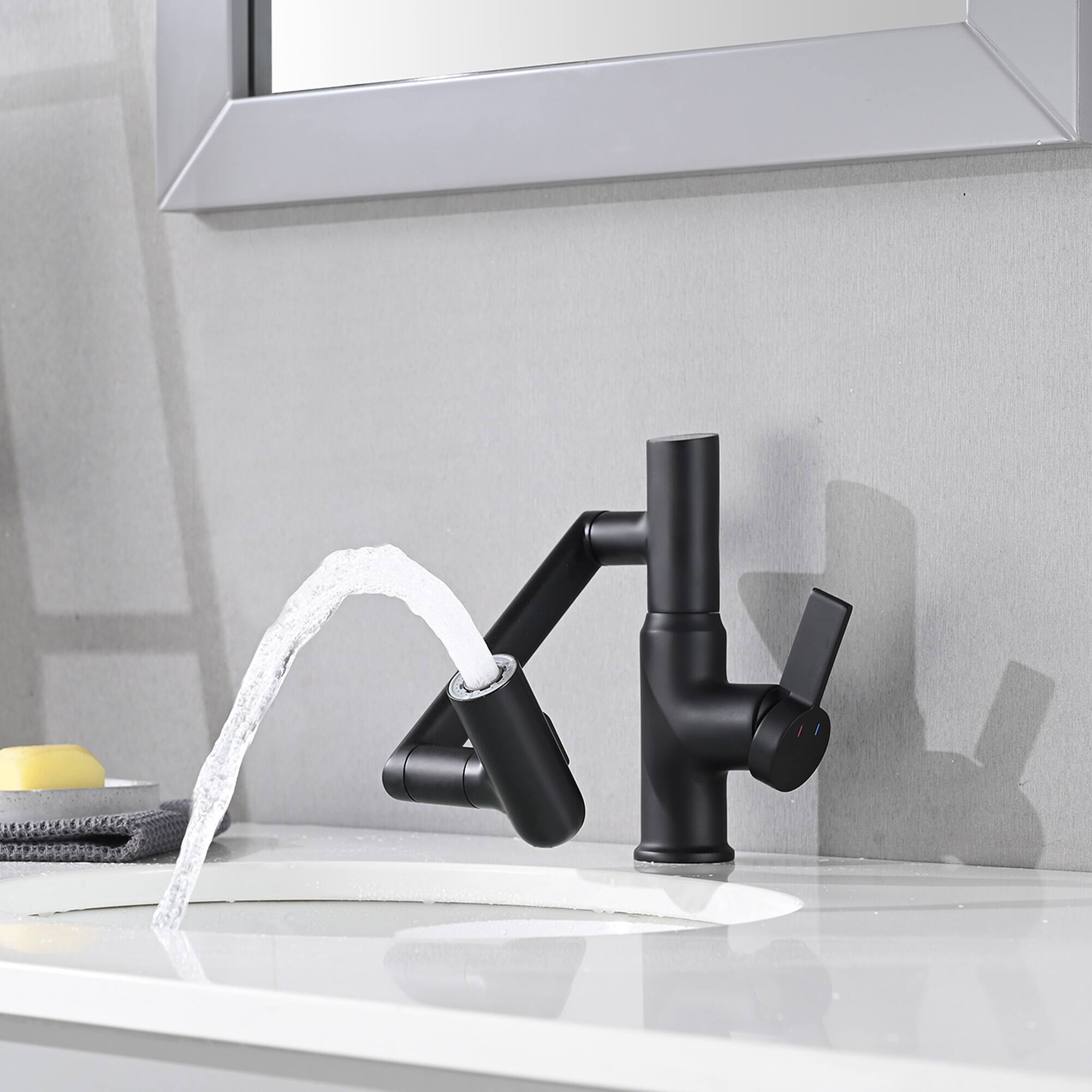 Alt View 7. Meqiodas - Bathroom Sink Faucet with Spray Function, Temperature Display, Anti-Slip Switch, Hot & Cold Controls, and 360° Swivel - Black.