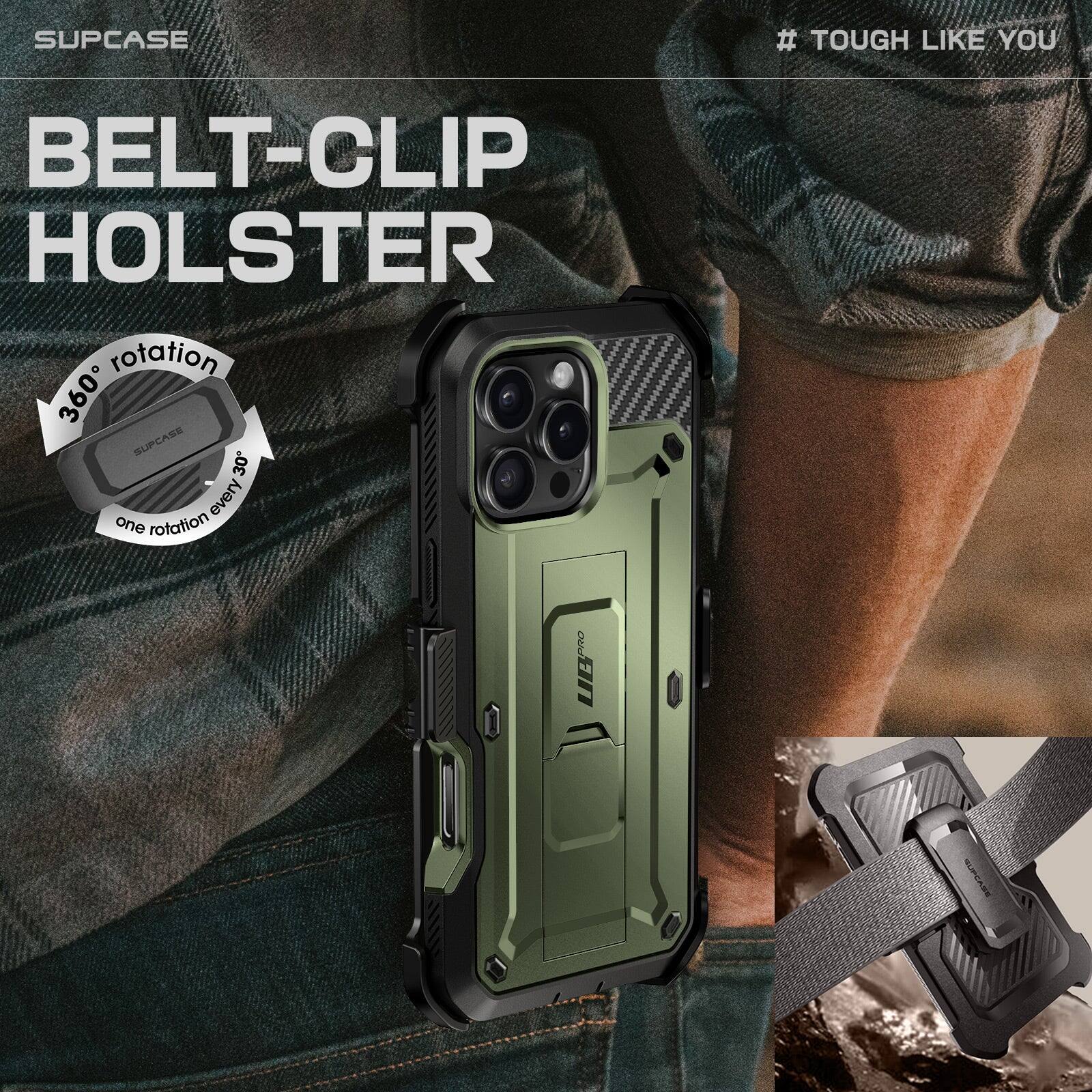 The corrected text from the image is:

"Supcase Belt-Clip Holster 360° rotation every 30° rotation. # Tough Like You"