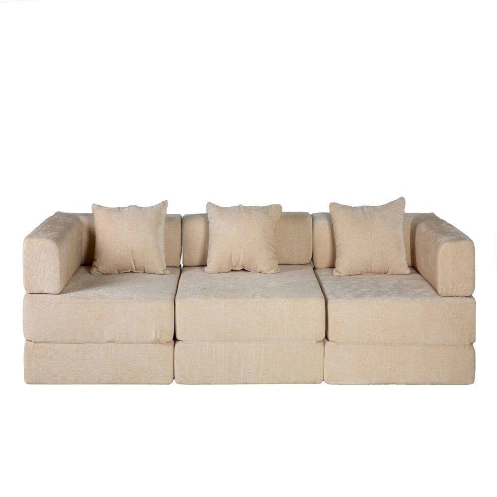Back. Kadyn - Boneless Sectional Sofa Bed, Convertible Floor Lounger with Fixed Frame in Soft Chenille Fabric, Beige - Beige.