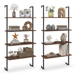 Costway - 2 PCS 4-Tier Ladder Shelf Bookshelf Industrial Wall Shelf with Metal Frame - Brown