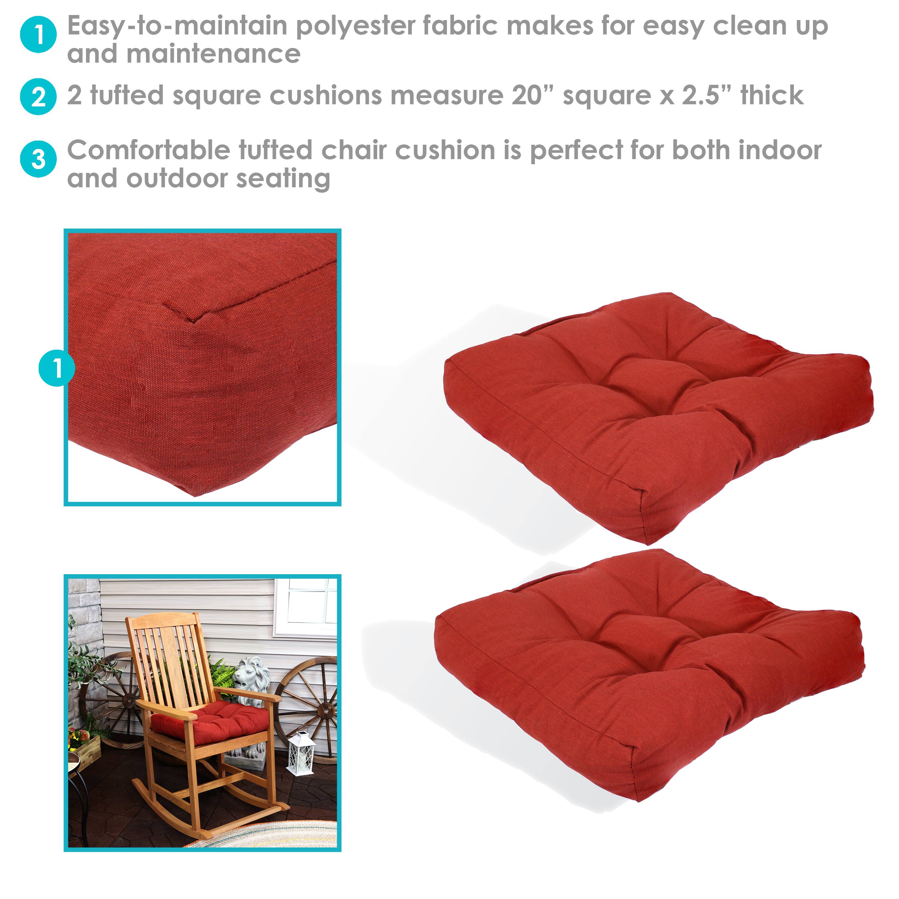 1. Easy-to-maintain polyester fabric makes for easy clean up and maintenance
2. 2 tufted square cushions measure 20" square x 2.5" thick
3. Comfortable tufted chair cushion is perfect for both indoor and outdoor seating