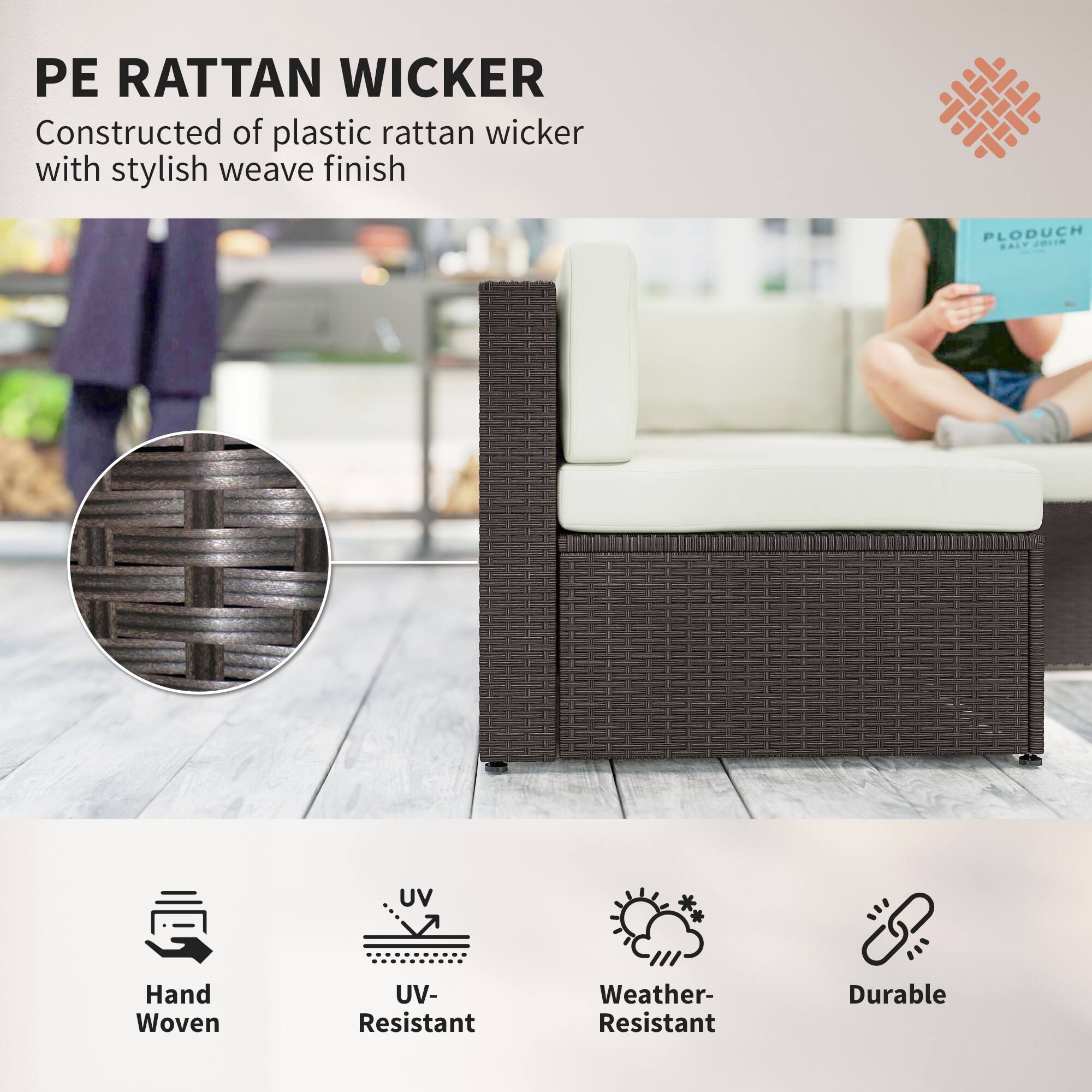 PE RATTAN WICKER  
Constructed of plastic rattan wicker with stylish weave finish

- Hand Woven
- UV-Resistant
- Weather-Resistant
- Durable