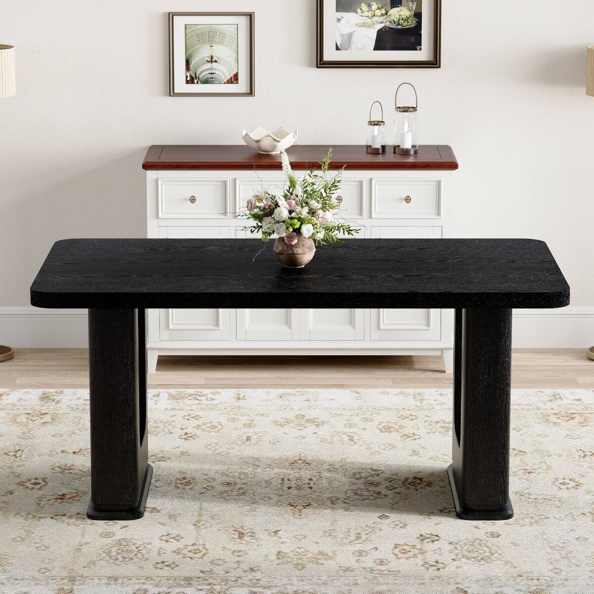 Angle. Loheer - Loheer 64.5-Inch Black Wood Grain Dining Table with Gray Glass, MDF Top - Black and gray.