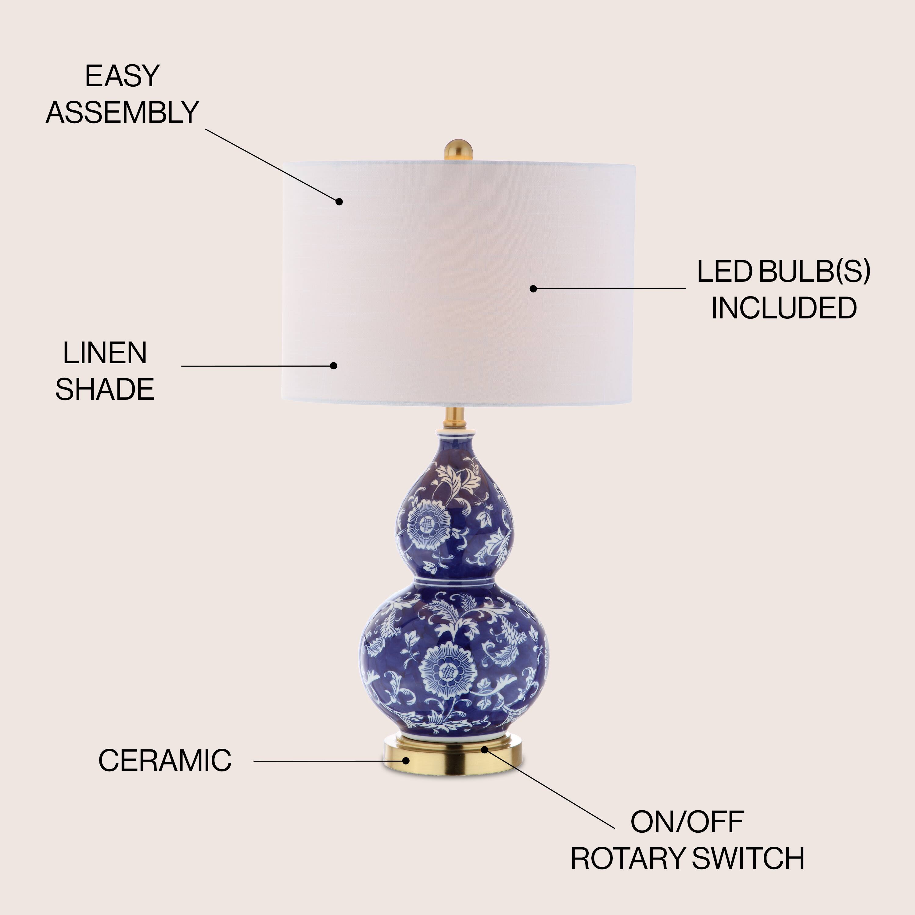- EASY ASSEMBLY
- LINEN SHADE
- LED BULB(S) INCLUDED
- CERAMIC
- ON/OFF ROTARY SWITCH
