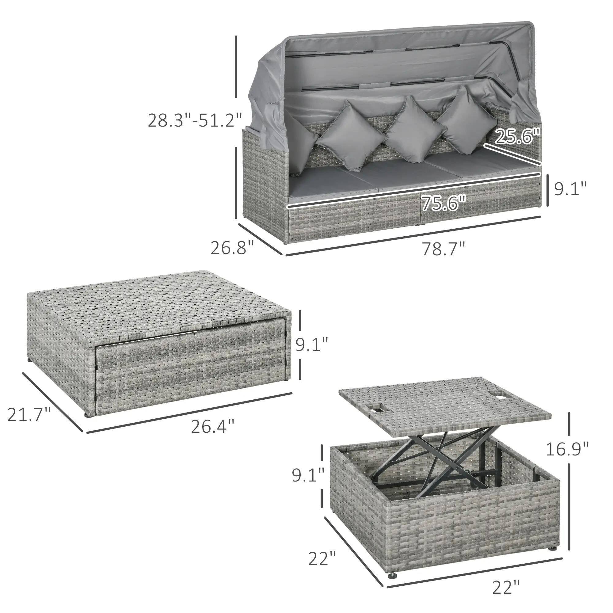 Sofa: 28.3"-51.2", 25.6", 75.6", 9.1", 26.8", 78.7"

Ottoman: 21.7", 26.4", 9.1"

Table: 16.9", 22", 22"