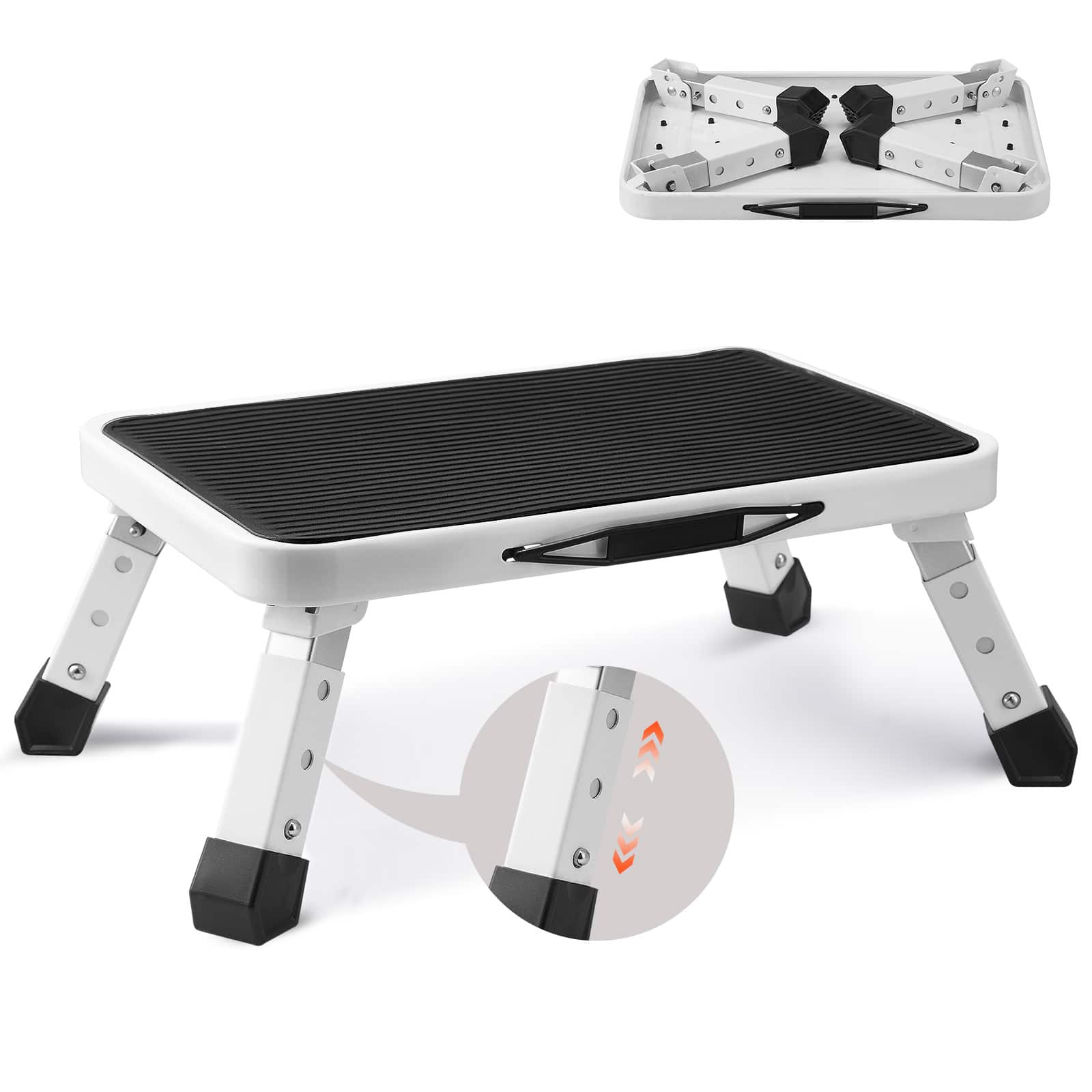 VEVOR - Step Stool 1-Step 330lbs Capacity, Folding Steel Step Ladder 3 Adjustable Height - White,Black