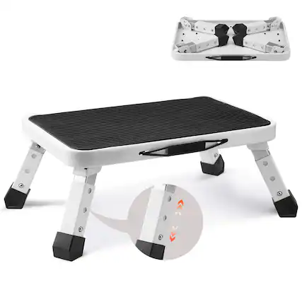 Front. VEVOR - Step Stool 1-Step 330lbs Capacity, Folding Steel Step Ladder 3 Adjustable Height - White,Black.