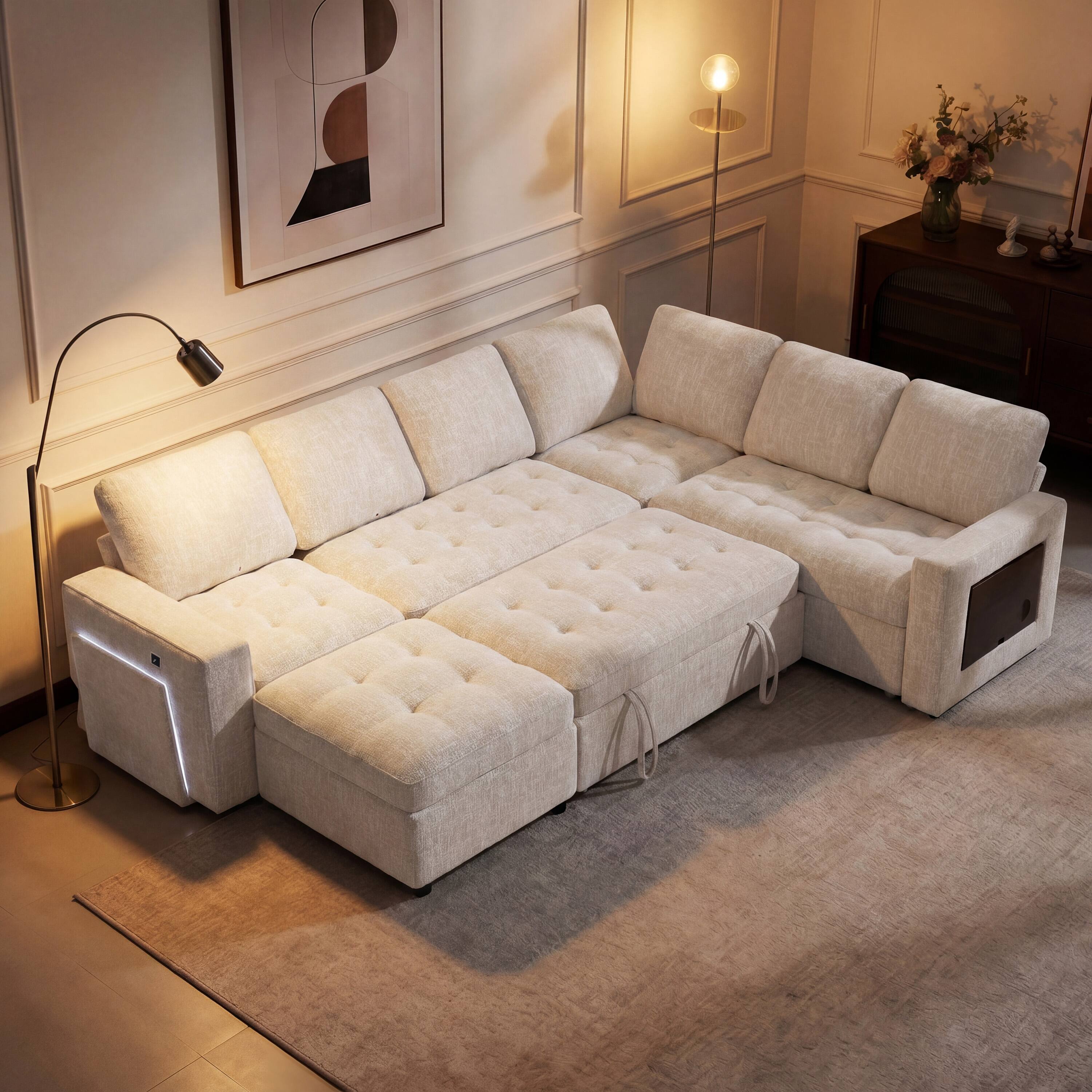Alt View 3. Dyonery - Dyonery 7-Seat Modular Sectional Sleeper Sofa with Pull-Out Bed, Reclining Backrest, USB Ports, Table, LED Lights ,White - Beige.