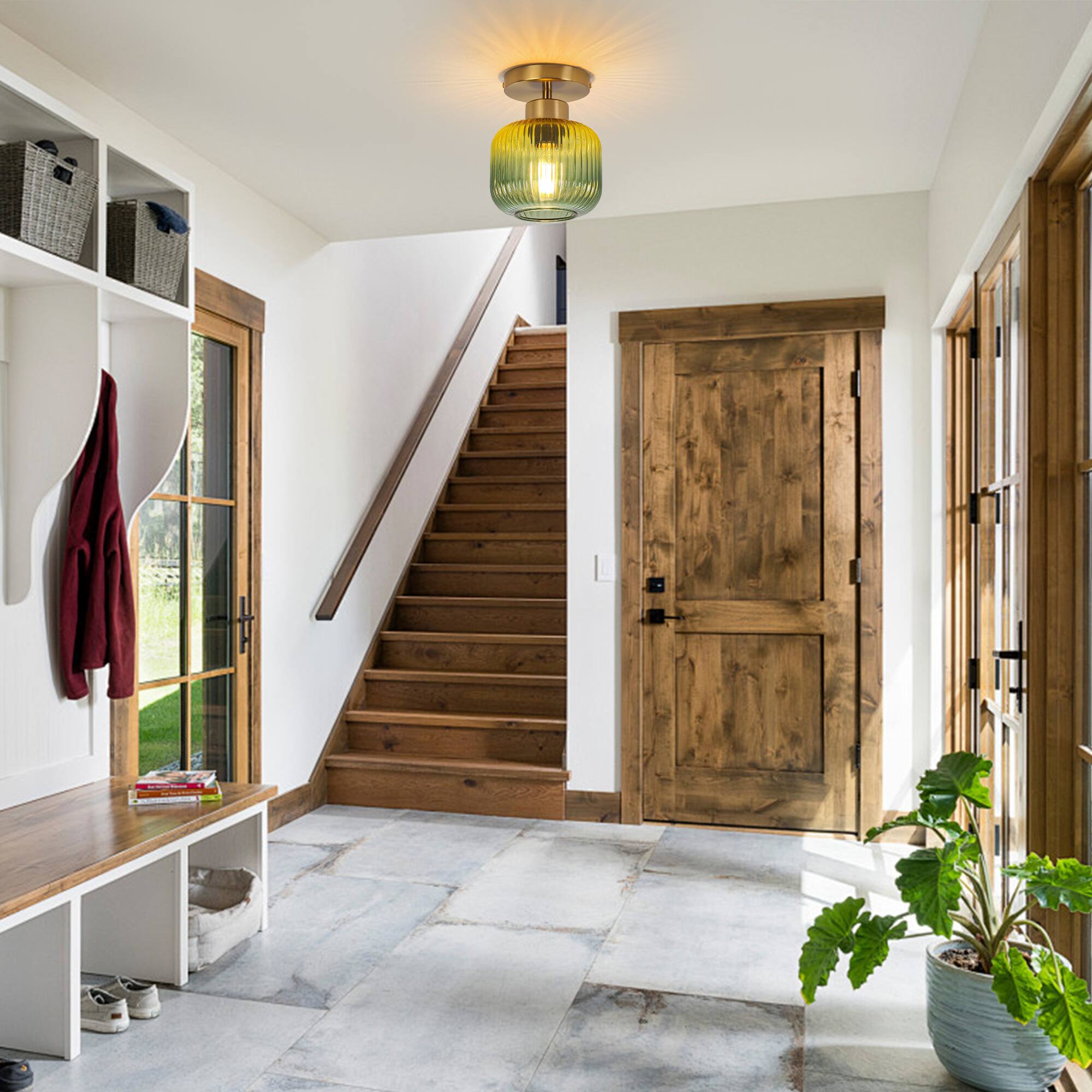 Angle. Parrot Uncle - 6" Wide Vintage Gold Semi Flush Mount Ceiling Light with Green Glass - Gold.