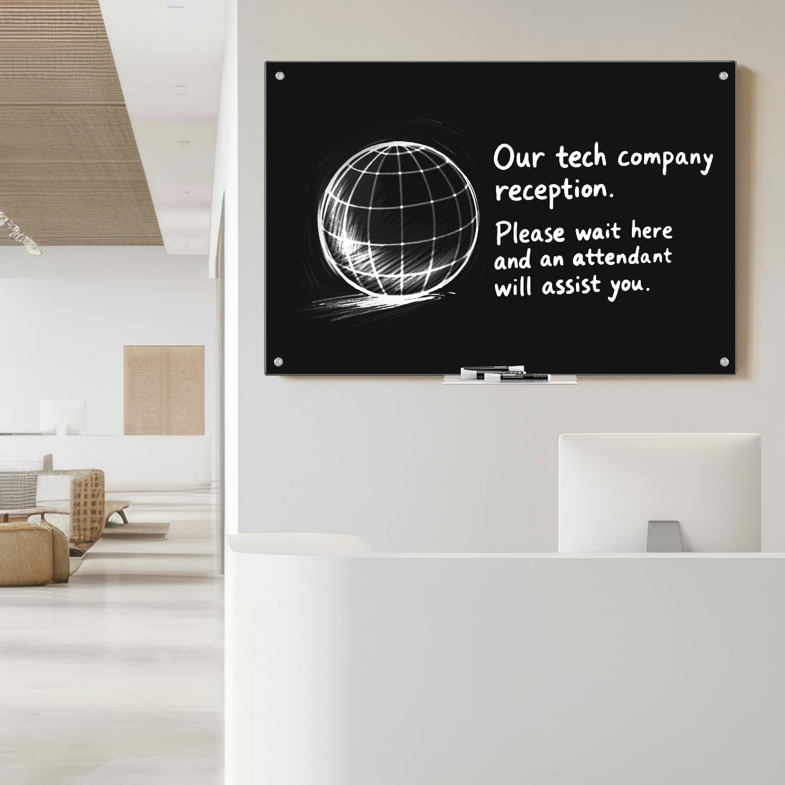 Our tech company reception.  
Please wait here and an attendant will assist you.