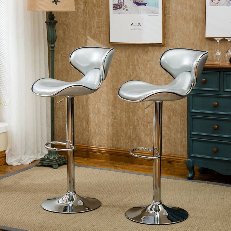 Alt View 2. HTUTWOO - Faux Leather Adjustable Swivel Barstool Set of 2, Chrome Base with Footrest, for Kitchen/ Home Bar/ Office - Silver.