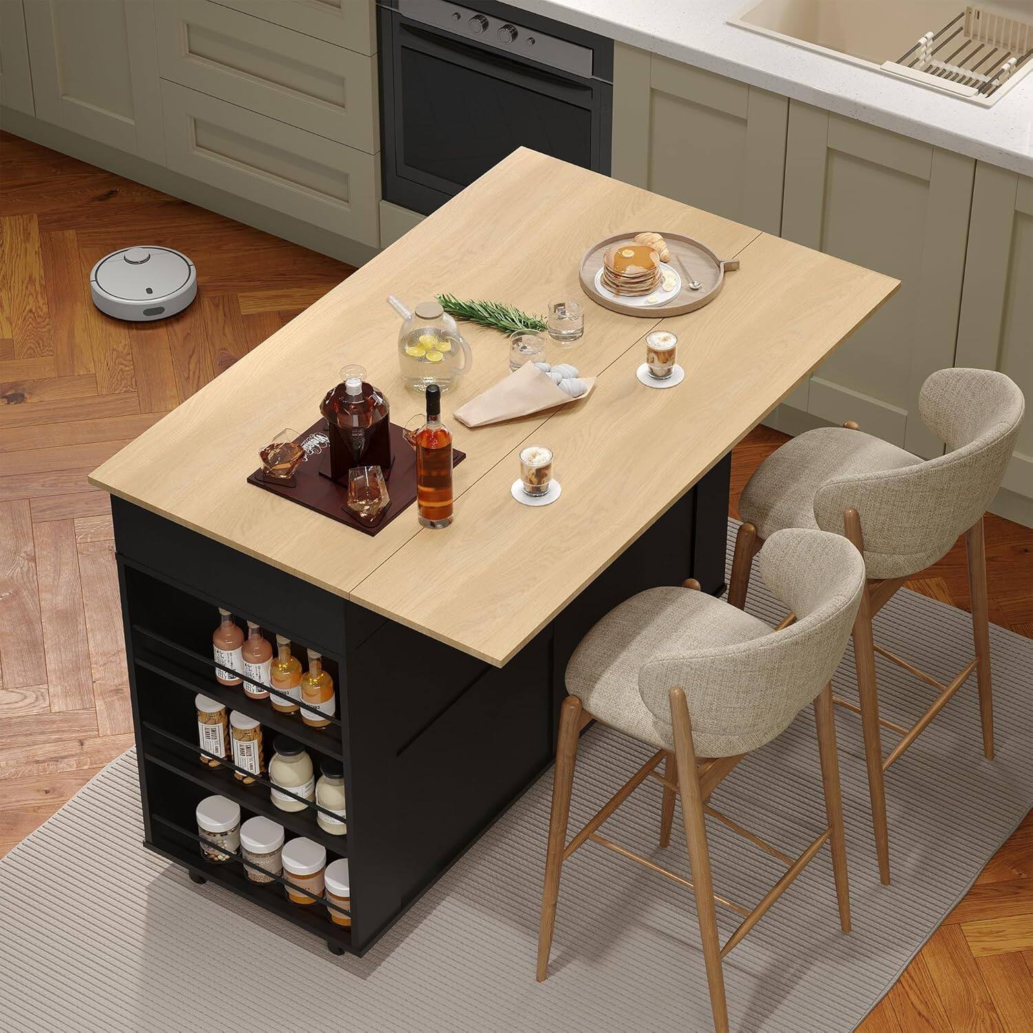 Back. Homhougo - Rolling Kitchen Island with Drop-Leaf Top, Charging Station, Storage Cart with Shelves/Drawers, 47.2" - Black.