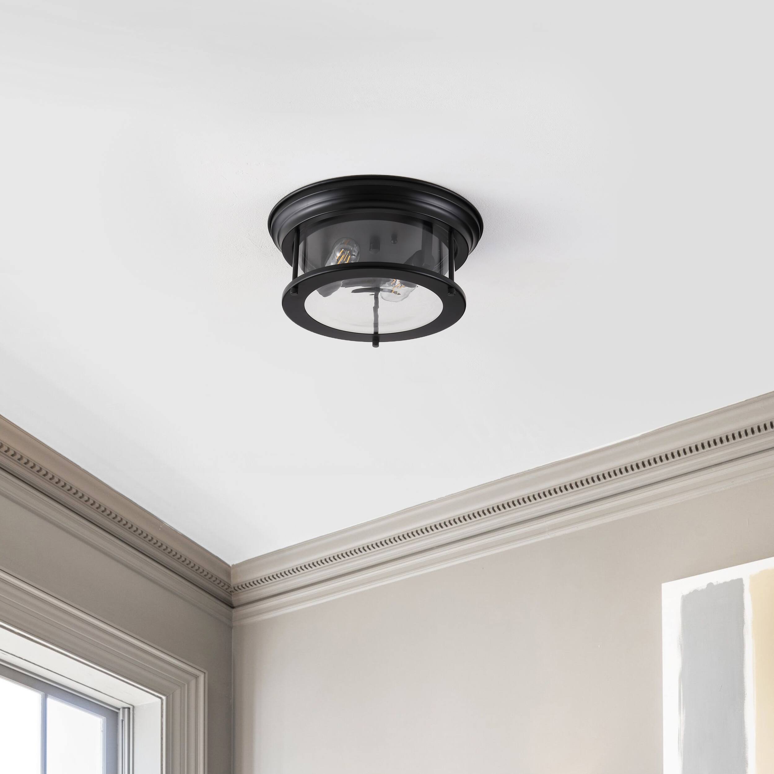 Alt View 5. Jonathan Y - Lauren 13.25" 2-Light Metal/Glass LED Flush Mount, Black - Black.