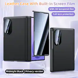 Dteck - Shockproof Leather Texture Hinge Cover For Samsung Galaxy Z Fold8 Case Built-in Screen Protector + Lens Film - Black(Privacy Film)