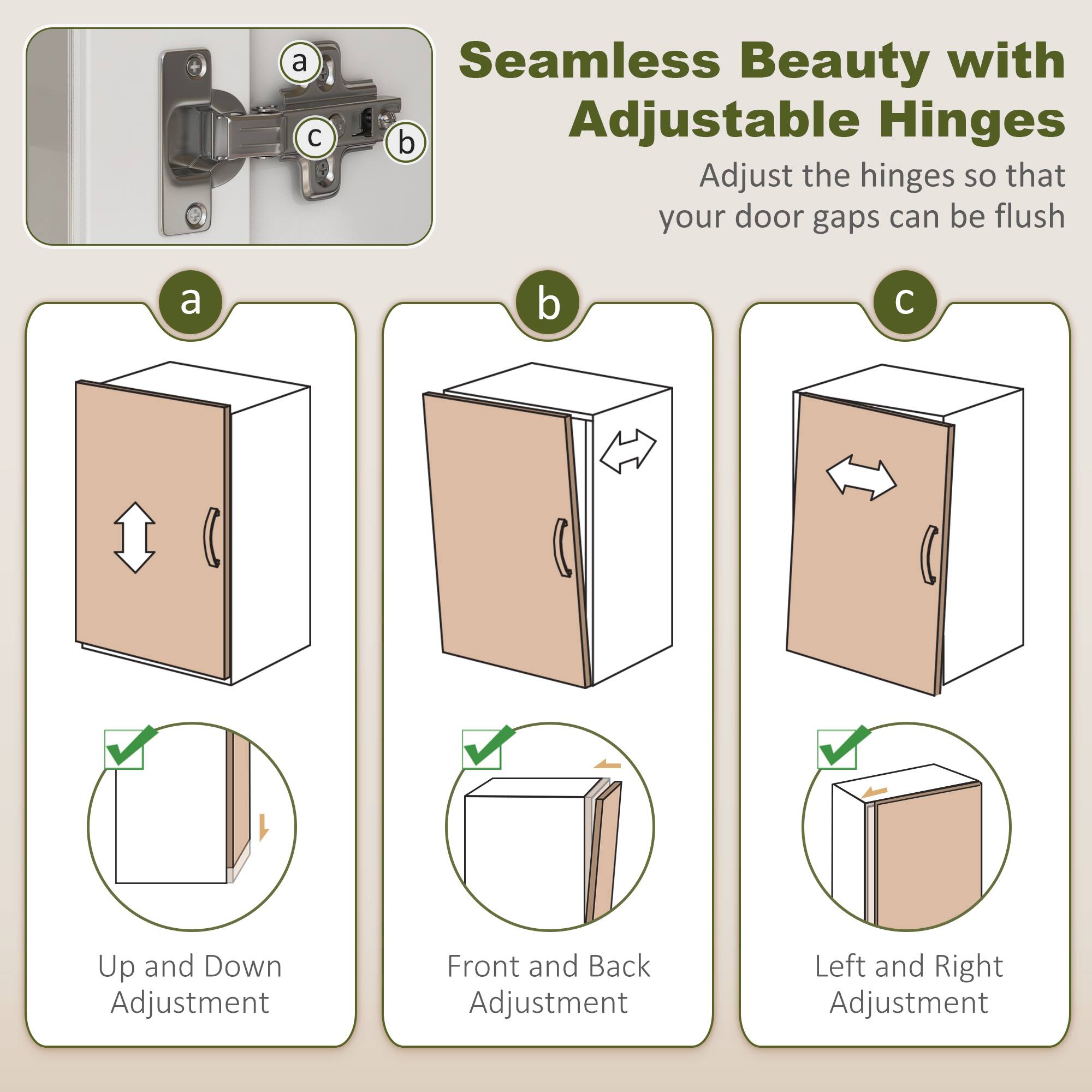 a Seamless Beauty with b Adjustable Hinges Adjust the hinges so that your door gaps can be flush a b C Up and Down Adjustment Front and Back Adjustment Left and Right Adjustment
