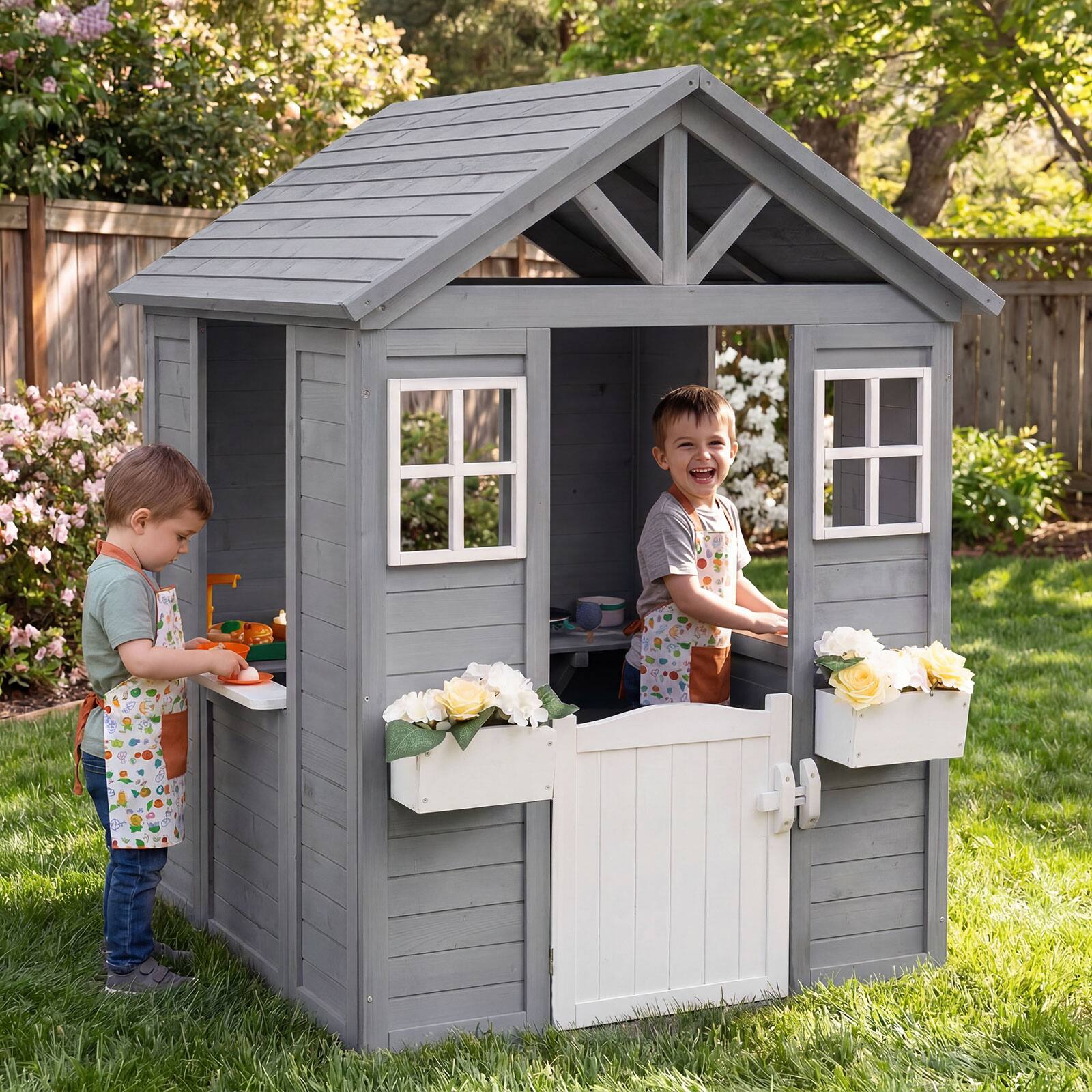 Alt View 1. Costway - Costway Kids Outdoor Playhouse with Sink, Spruce Wooden Cottage with Half Door, Flower Pots - Gray.