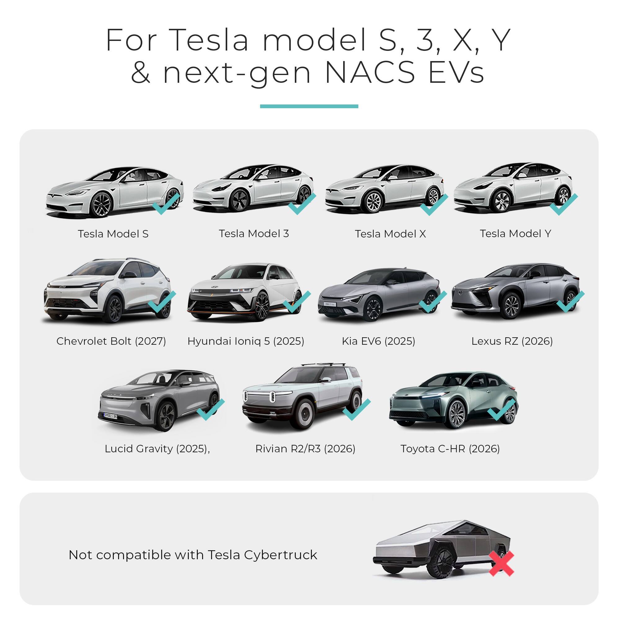 For Tesla model S, 3, X, Y & next-gen NACS EVs

- Tesla Model S
- Tesla Model 3
- Tesla Model X
- Tesla Model Y
- Chevrolet Bolt (2027)
- Hyundai Ioniq 5 (2025)
- Kia EV6 (2025)
- Lexus RZ (2026)
- Lucid Gravity (2025)
- Rivian R2/R3 (2026)
- Toyota C-HR (2026)

Not compatible with Tesla Cybertruck