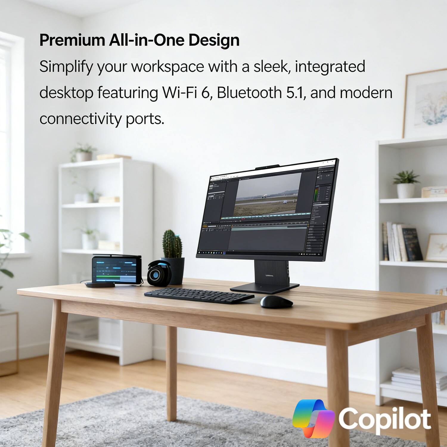 Premium All-in-One Design  
Simplify your workspace with a sleek, integrated desktop featuring Wi-Fi 6, Bluetooth 5.1, and modern connectivity ports.  

Copilot