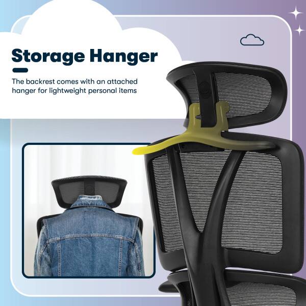 Storage Hanger  
The backrest comes with an attached hanger for lightweight personal items