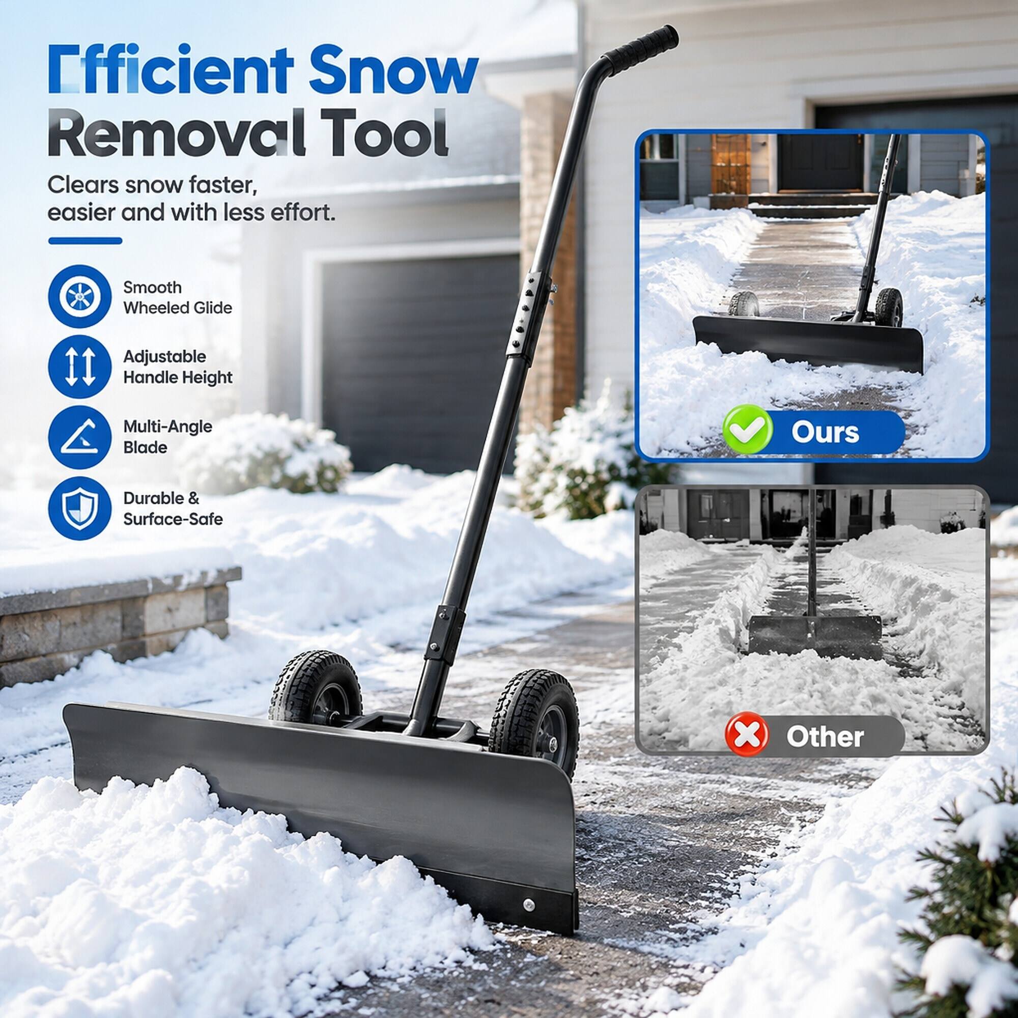 Efficient Snow Removal Tool  
Clears snow faster, easier and with less effort.  

- Smooth Wheeled Glide  
- Adjustable Handle Height  
- Multi-Angle Blade  
- Durable & Surface-Safe  

Ours  
Other