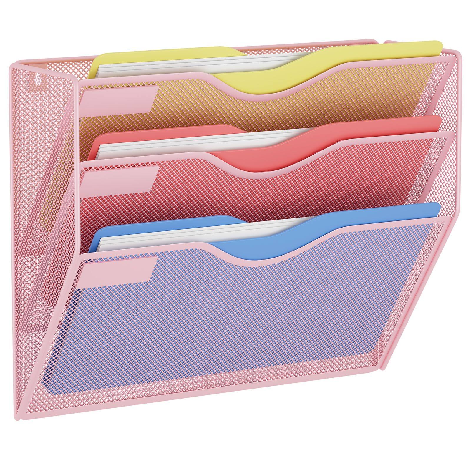 Front. Dapper Styles - 5 Pockets Mesh Hanging Wall File Holder Organizer Mounted Paper Magazine Rack - Pink-3 Tier.