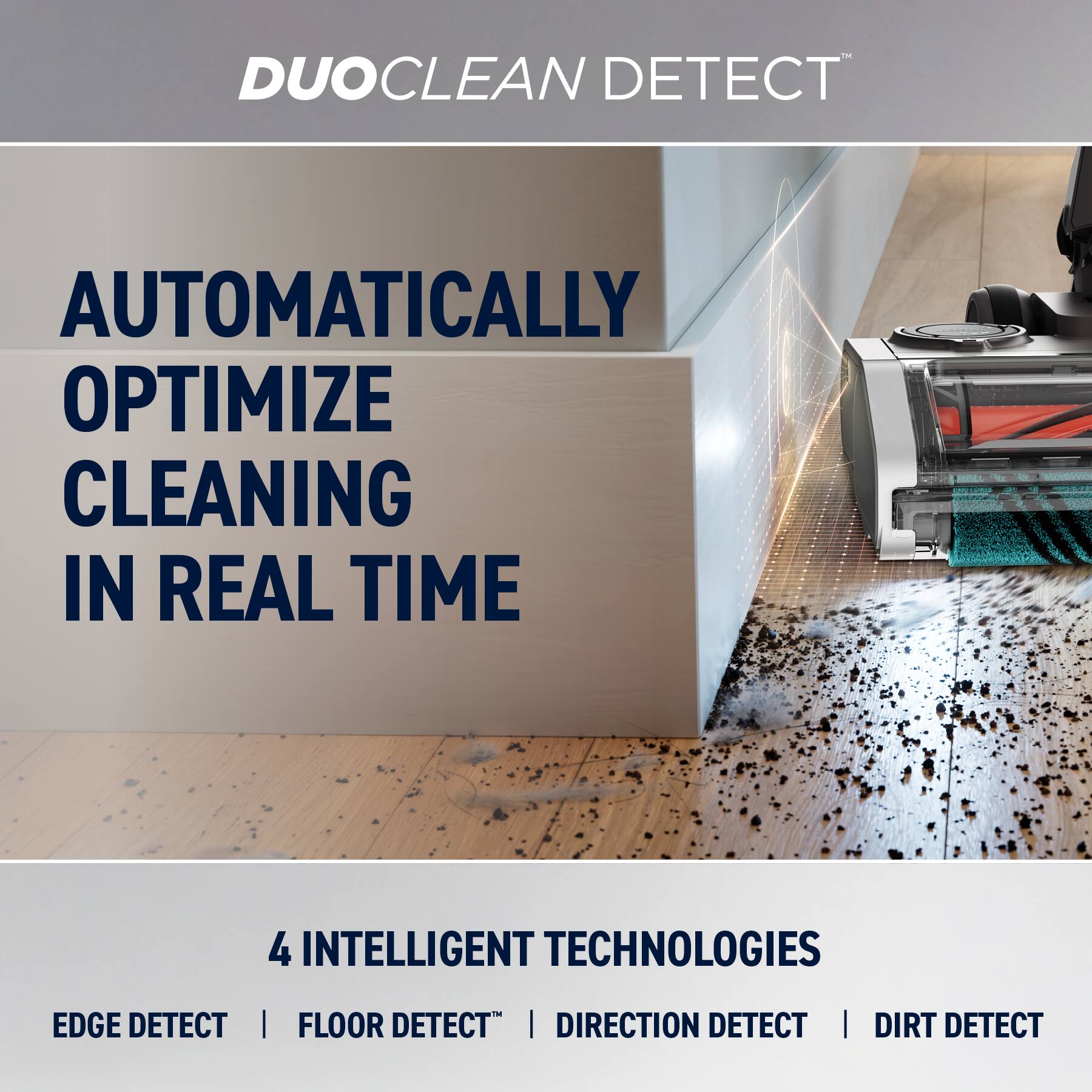DUOCLEAN DETECT

AUTOMATICALLY OPTIMIZE CLEANING IN REAL TIME

4 INTELLIGENT TECHNOLOGIES
- EDGE DETECT
- FLOOR DETECT
- DIRECTION DETECT
- DIRT DETECT