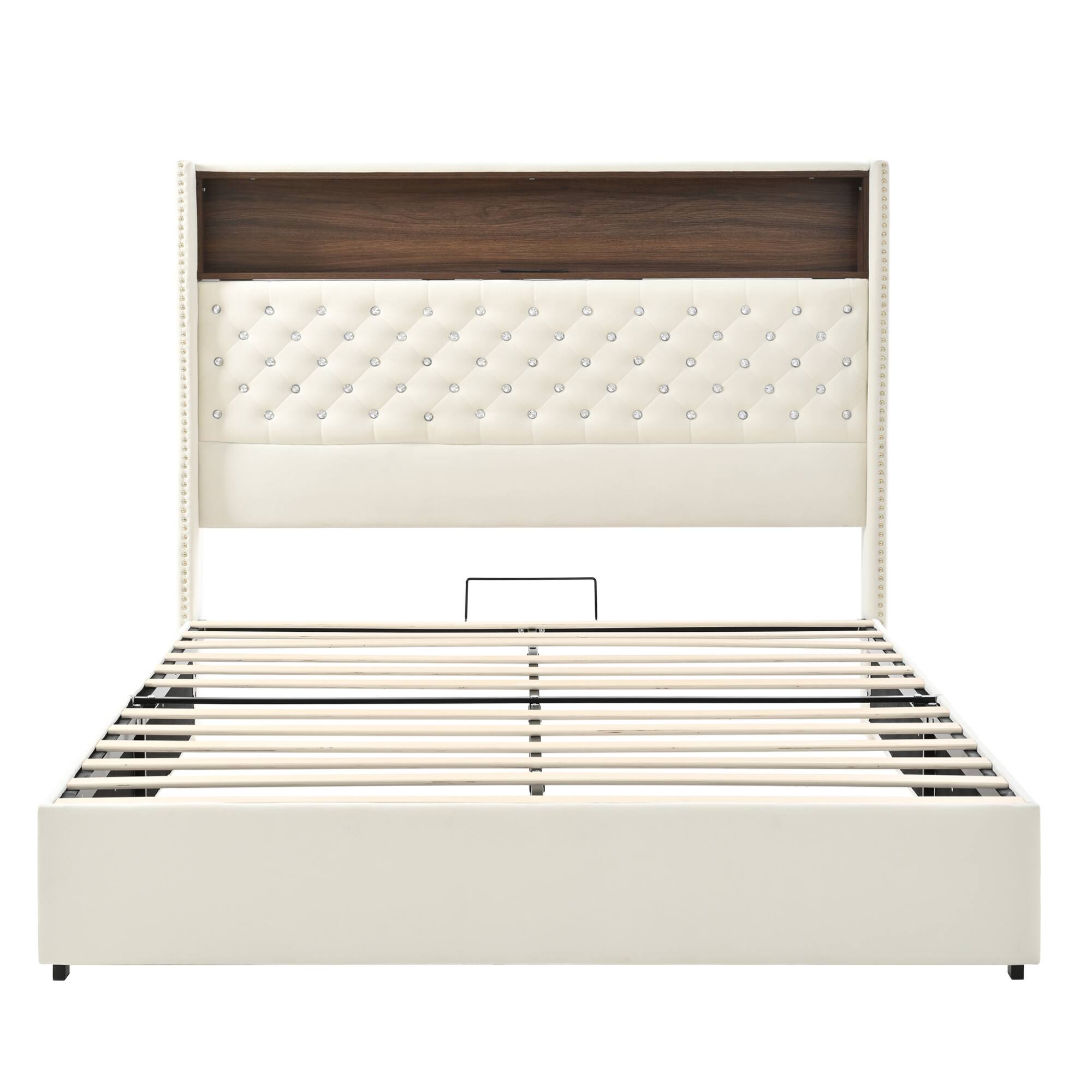 Alt View 5. GOODSILO - Luxurious Queen Size Velvet Tufted Bed Frame with USB Port and Night Light, High Headboard Platform Bed - Beige.