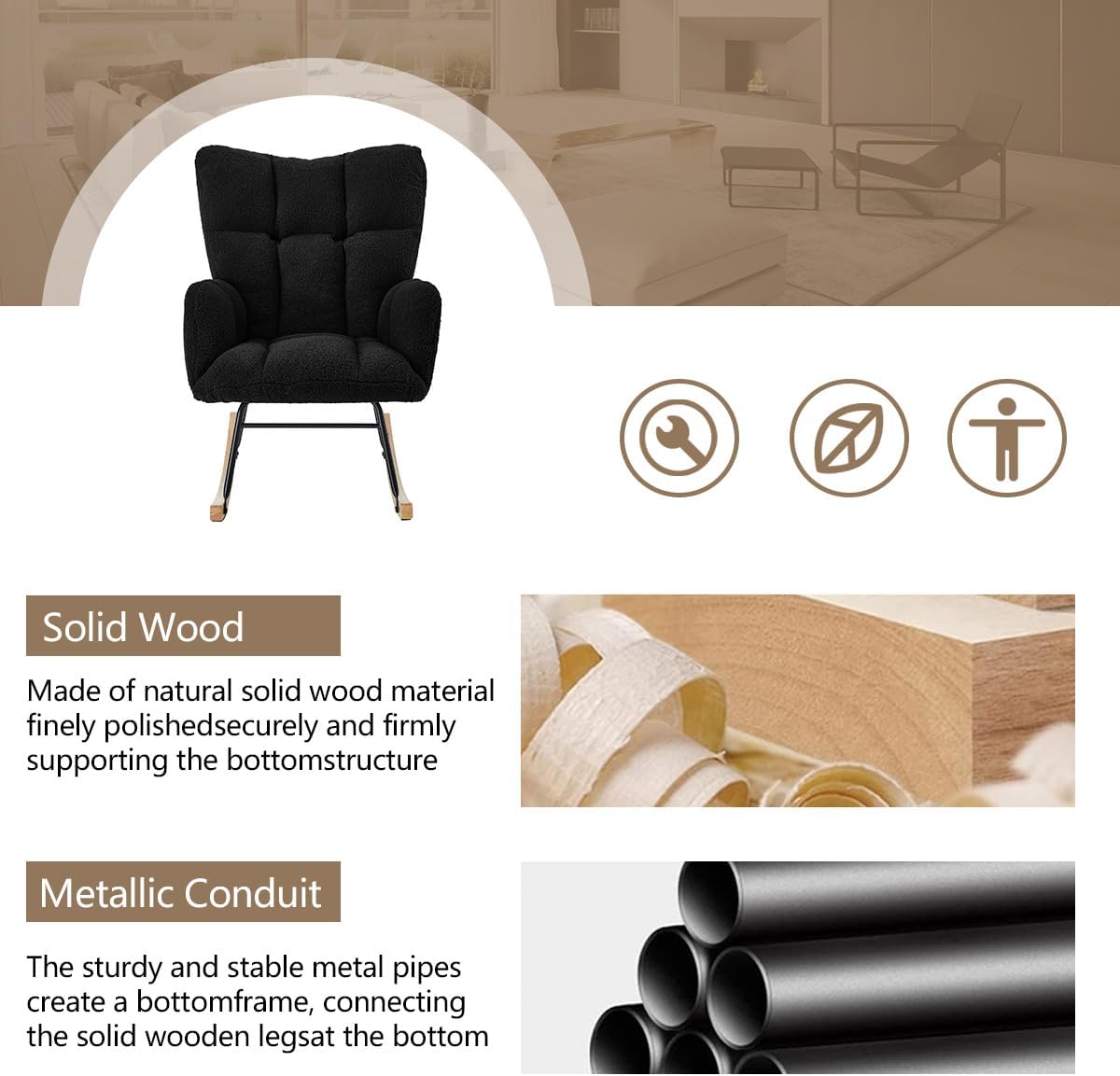 Solid Wood  
Made of natural solid wood material, finely polished, securely and firmly supporting the bottom structure.

Metallic Conduit  
The sturdy and stable metal pipes create a bottom frame, connecting the solid wooden legs at the bottom.
