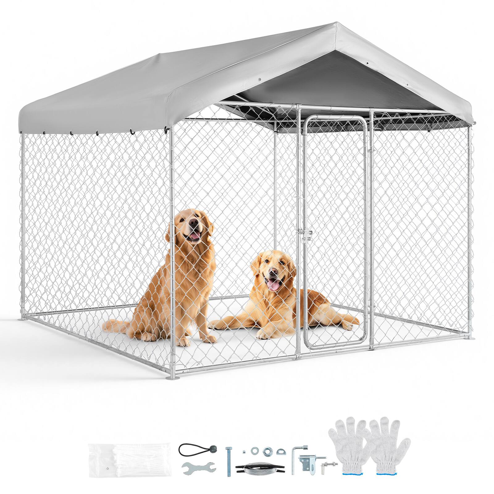 Front. VEVOR - Outdoor Dog Kennel, 7.55 x 7.55 x 7.05 ft Large Dog Kennel with Secure Lock, Outside Dogs Enclosures with UV-Resistant - Galvanized Finish + Silver Gray.
