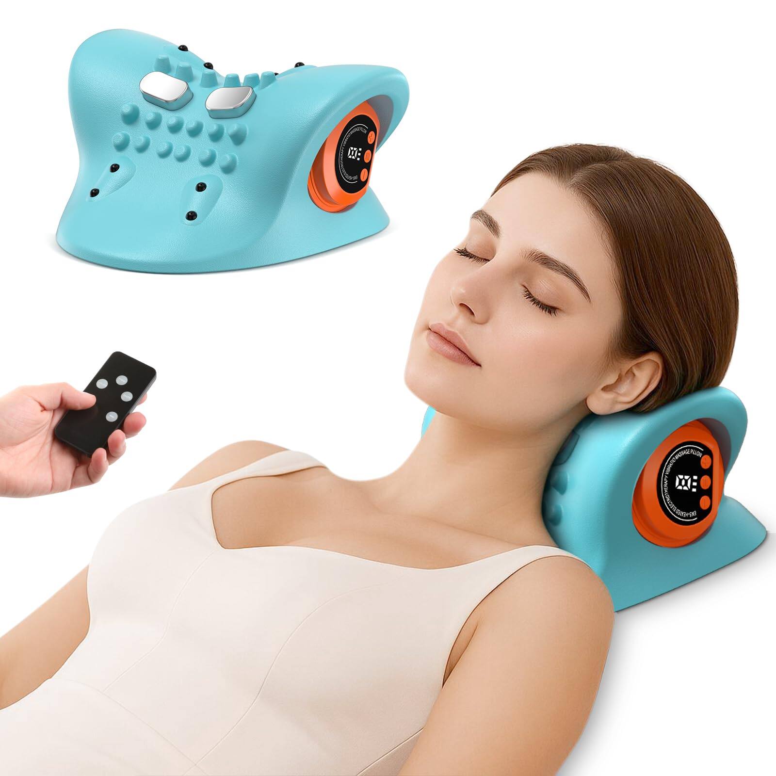 Front. Live At Space - 3-in-1 Neck Traction Pillow with Heat & Vibration, 6-Level Remote, Portable 26° Curve - 642146671012.