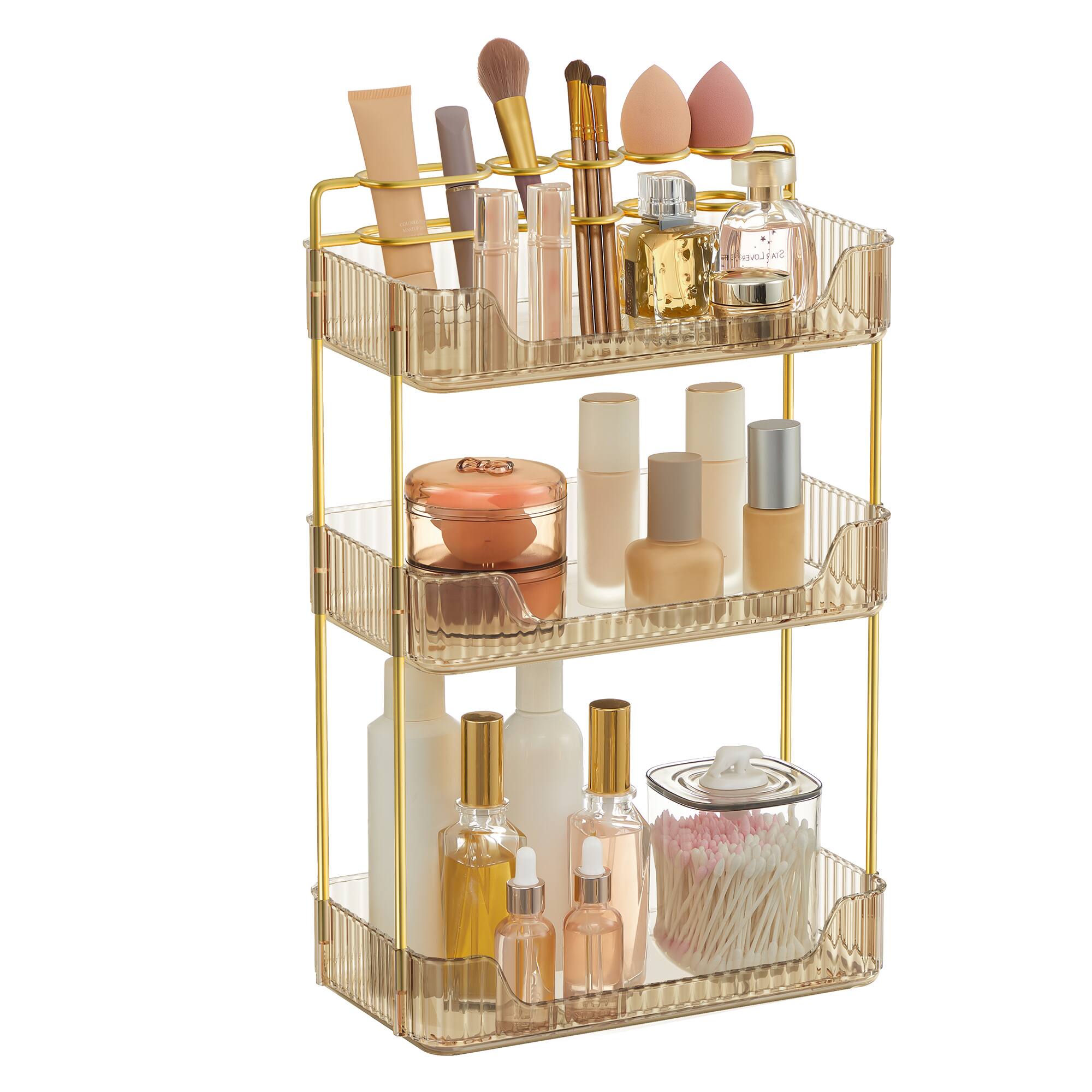Front. Songmics Home - Makeup Organizer, 3-Tier Skincare Organizer Countertop, Customizable, 2 Types of Accessories, Jewelry Holder, for Vanity - Champagne Gold.