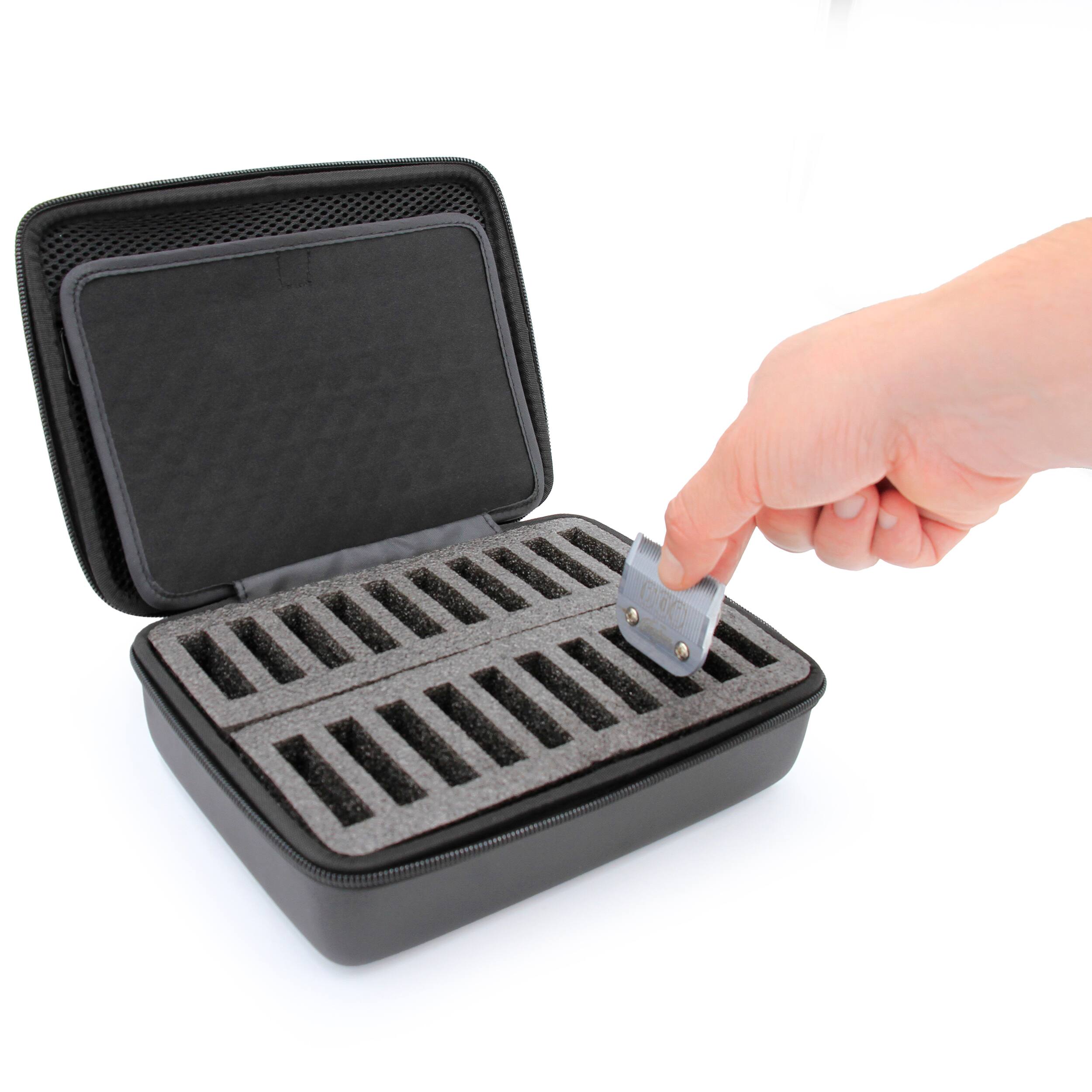 Angle. CASEMATIX - 20-Slot Hair Clipper Blade Holder Case for Barbers & Stylists – Detachable Blades, Guards, and Accessory Storage.