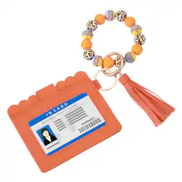 Unique Bargains - Wristlet Wallet Silicone Beads Keychain, Tassel Bracelet Key Ring with ID Card Holder for Women Car Accessories, 1pc - Orange
