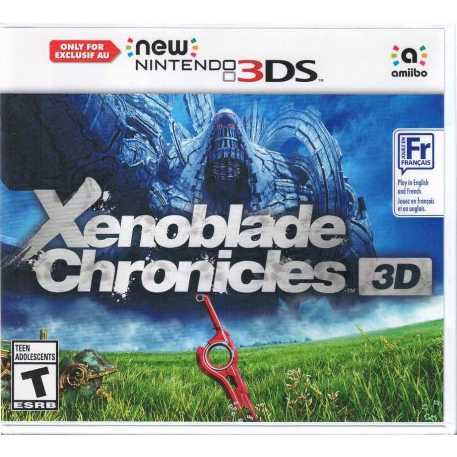ONLY FOR  
EXCLUSIF AU  
new  
NINTENDO 3DS  

Xenoblade Chronicles 3D  

amiibo  

Fr  
FRANÇAIS  
Play in English and French.  
Jouez en français et en anglais.  

TEEN  
ADOLESCENTS  
T  
ESRB - T (Teen 13+)