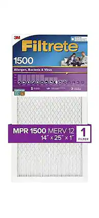 3M Filtrete 1500 Allergen, Bacteria & Virus
CERTIFIED
$3
MPR 1500 MERV 12 1 14" X 25" X 1" FILTER