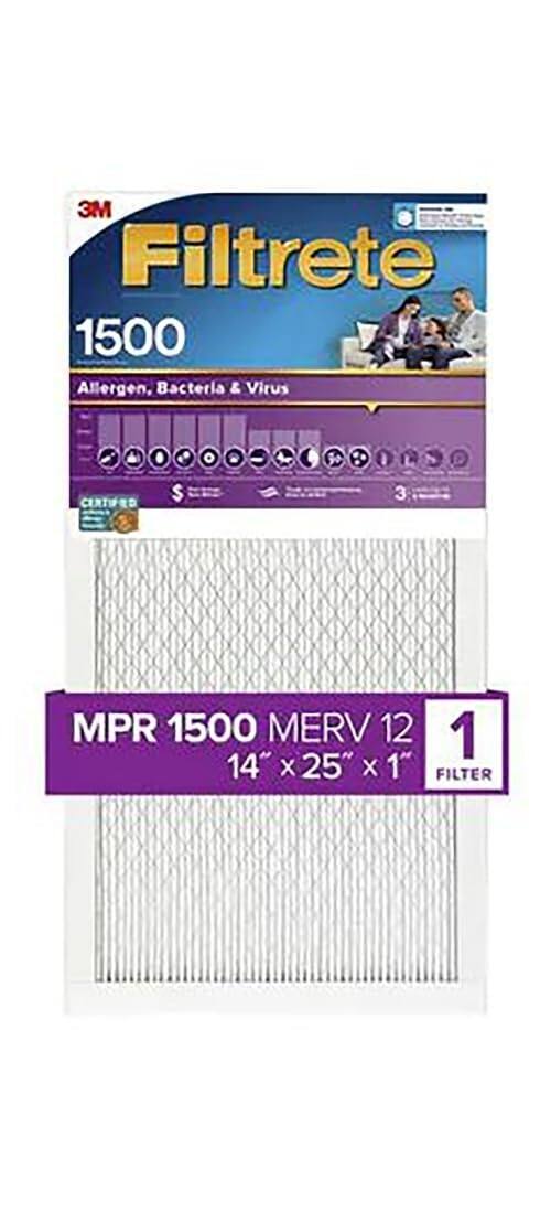 3M Filtrete 1500 Allergen, Bacteria & Virus  
CERTIFIED  
$3  
MPR 1500 MERV 12 1 14" X 25" X 1" FILTER