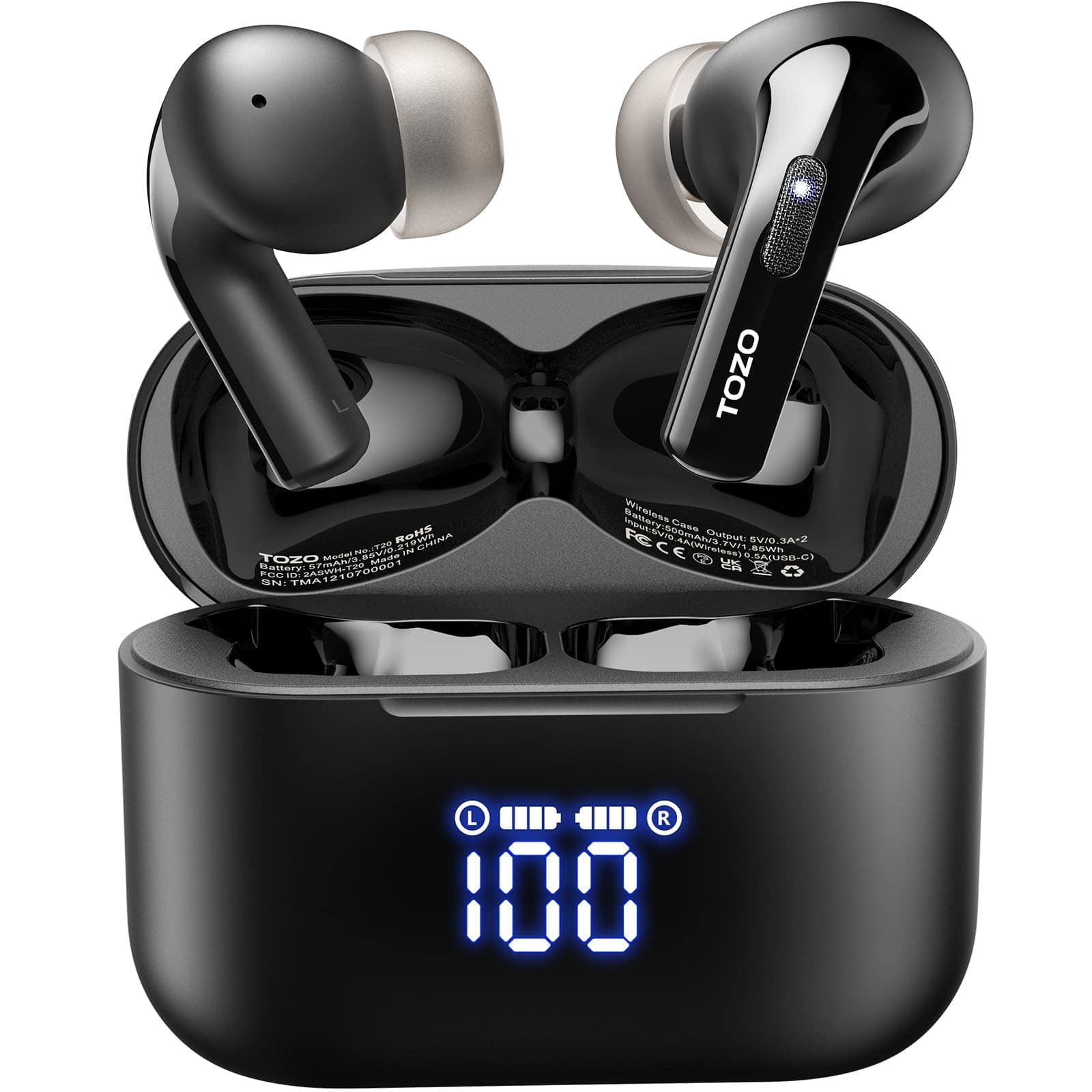 TOZO - T20 Wireless Earbuds, Bluetooth, 48.5H, LED Display, IPX8, Dual Mic ANC, 10mm, 2025 - Black