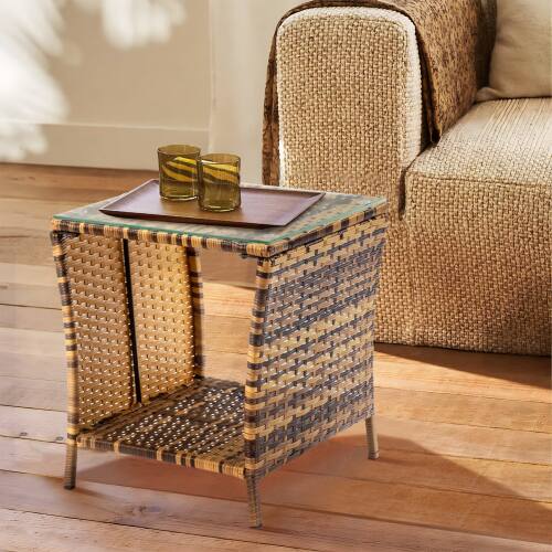 Alt View 10. Winado - 18in Gradient Wicker Rattan Side Table with Glass Patio for Indoor Outdoor Garden Furniture - Yellow & Borwn.
