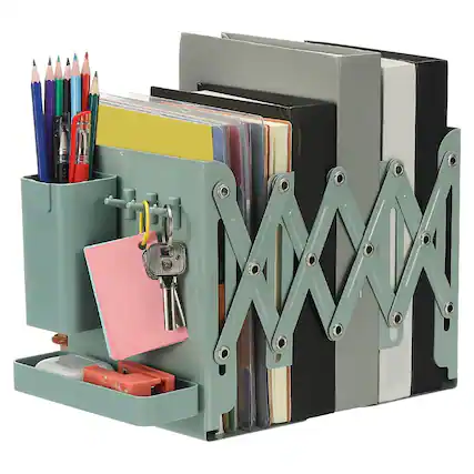 Front. Unique Bargains - Adjustable Book Ends, 7.5" Tall Heavy Duty Metal Adjustable Bookends, with Removable Pen Holder Tray and 3 Hook-up - Green.