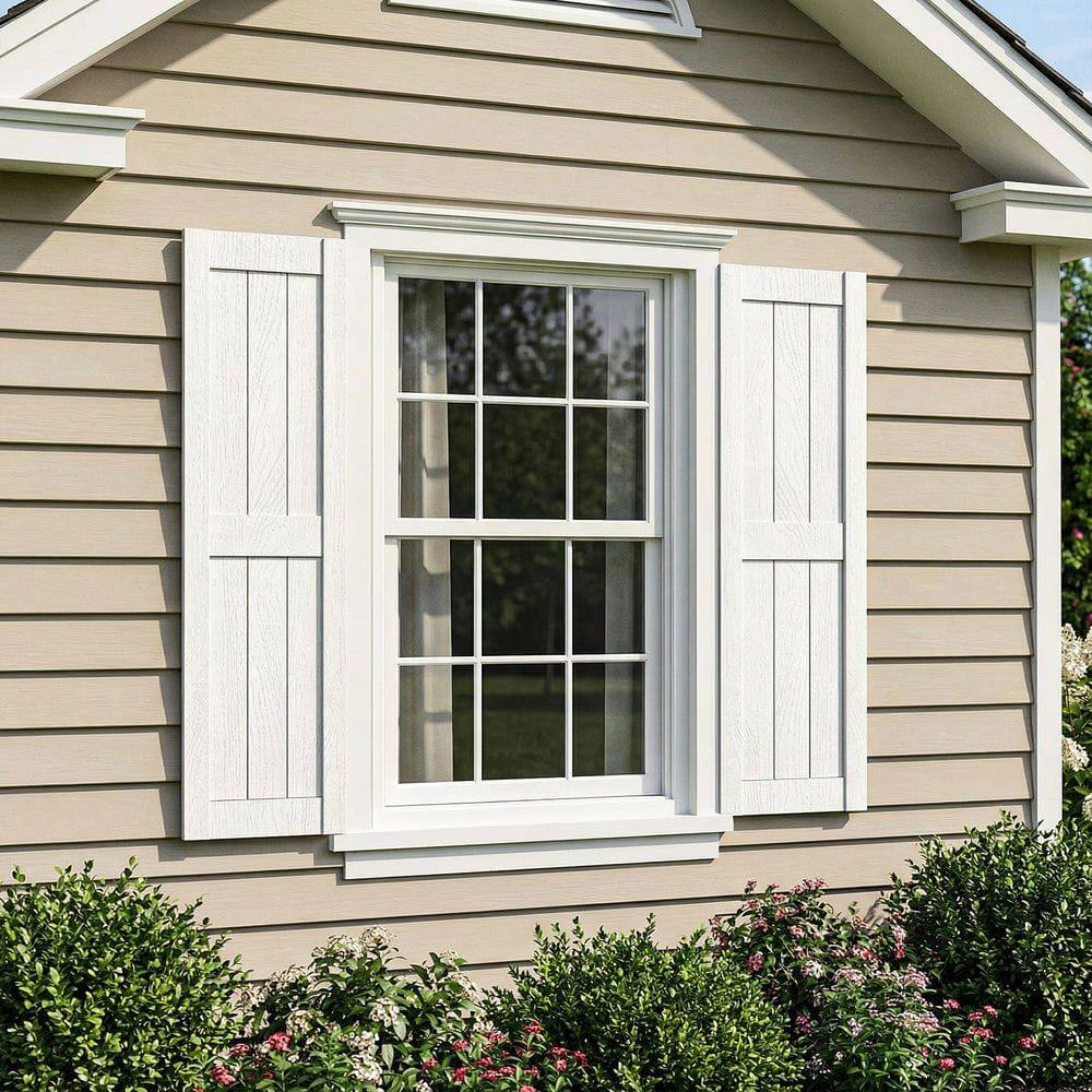 Alt View 1. Kadyn - Vertical Grain Faux Shutters, Weather-Resistant Elegance, for Enhanced Curb Appeal, 14"x43", White - White.