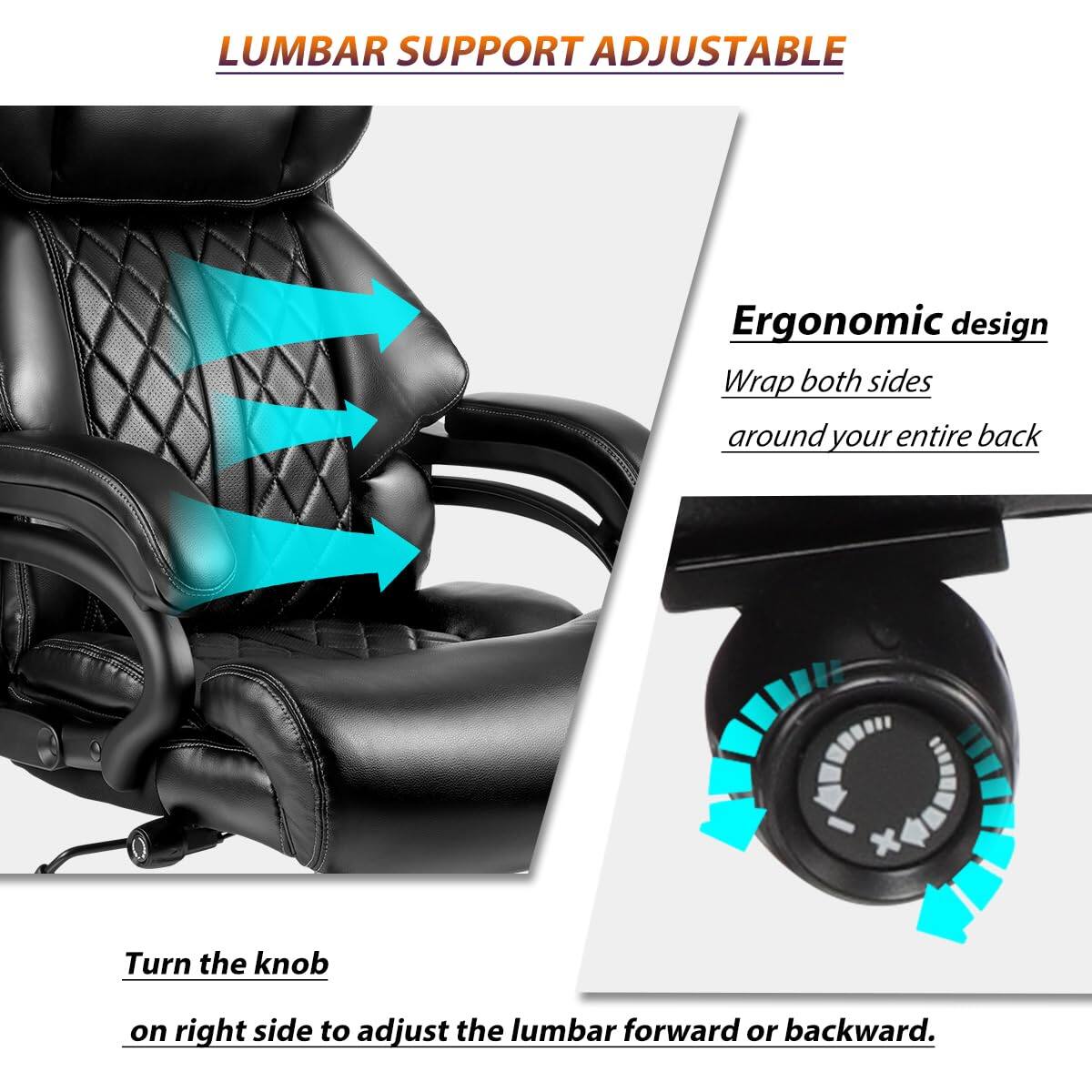 LUMBAR SUPPORT ADJUSTABLE

Ergonomic design
Wrap both sides around your entire back

Turn the knob on the right side to adjust the lumbar forward or backward.