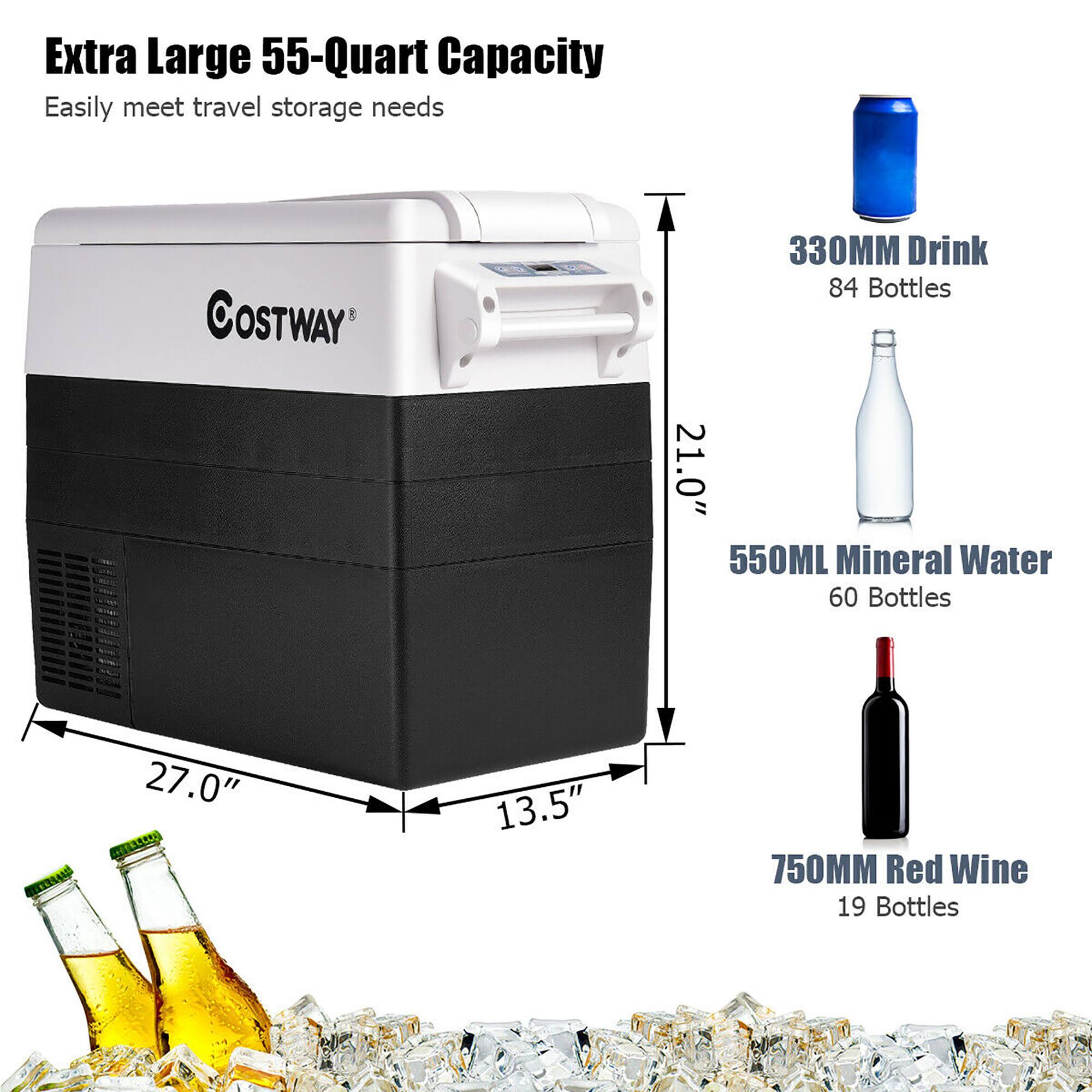 The text on the image is grouped and corrected as follows:

Extra Large 55-Quart Capacity: Easily meet travel storage needs.

330MM Drink: 84 Bottles.

21.0" 550ML Mineral Water: 60 Bottles.

27.0" LSERE 13.5" 750MM Red Wine: 19 Bottles.